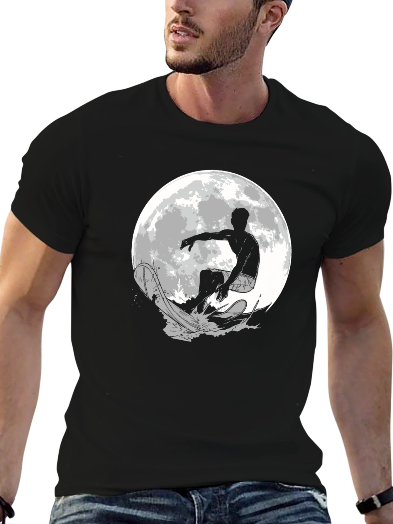 Surfer Moon Graphic T-Shirt - Cool Black Tee