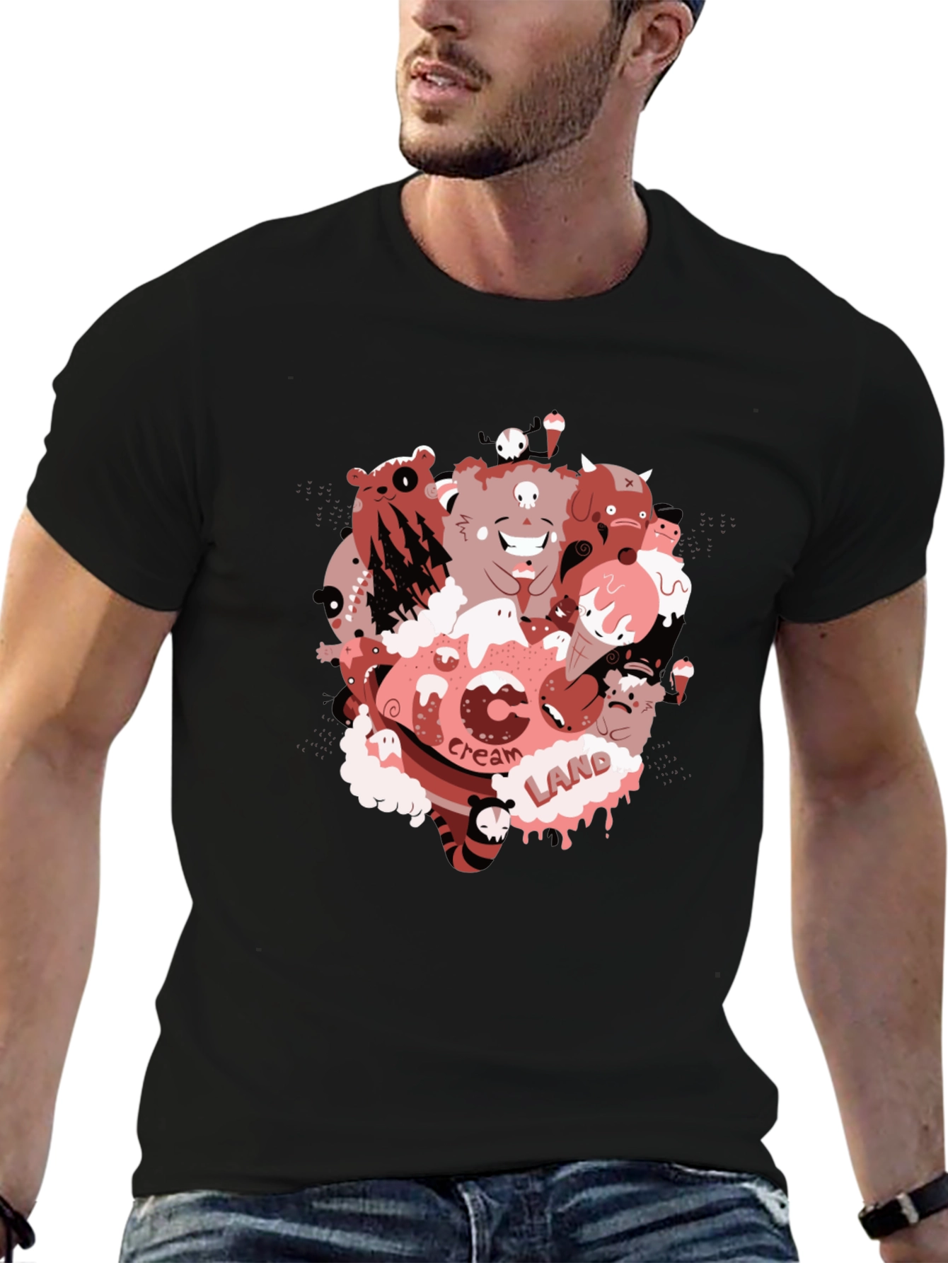 Cartoon Cream Land Graphic Black T-Shirt