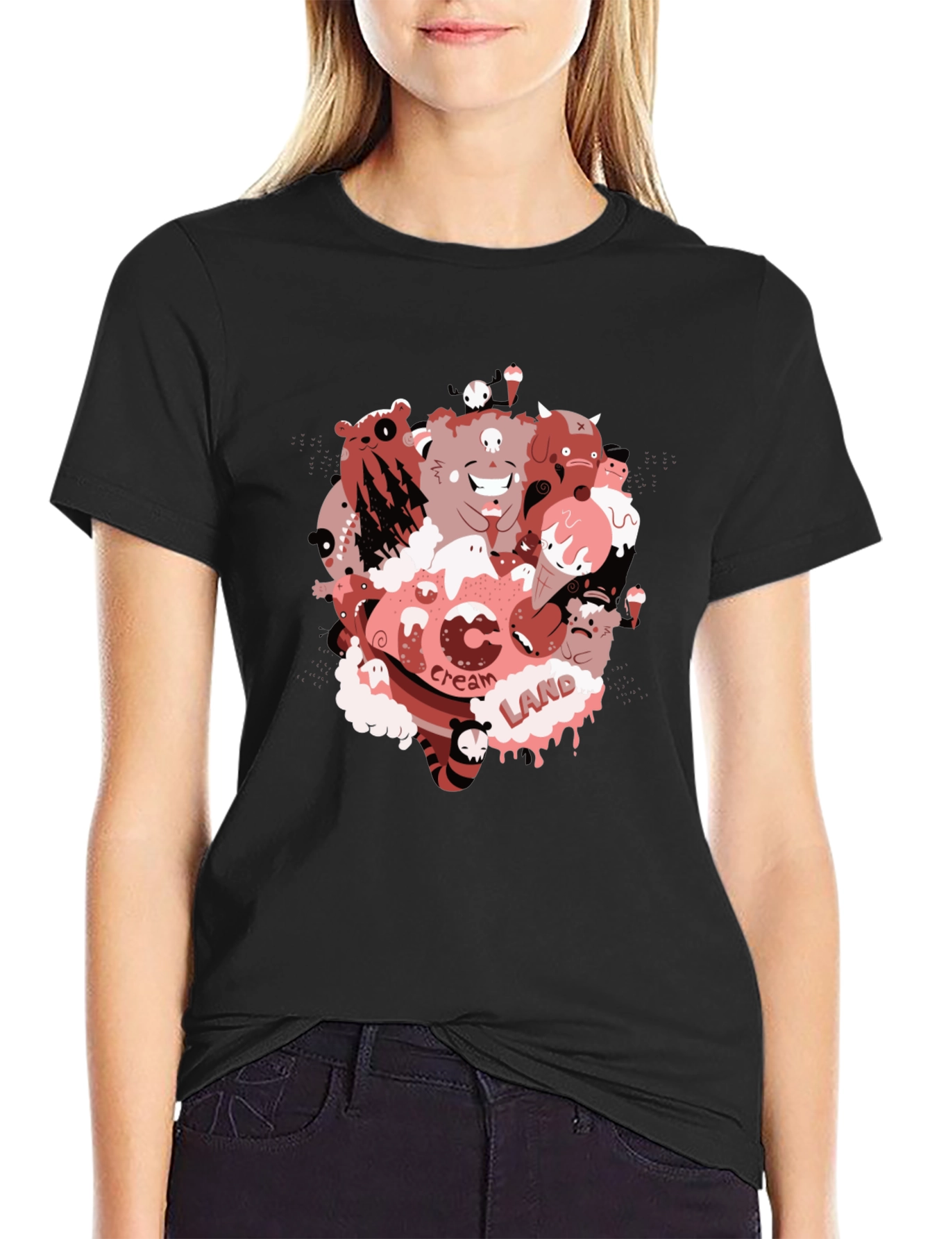 Cartoon Cream Land Graphic Black T-Shirt