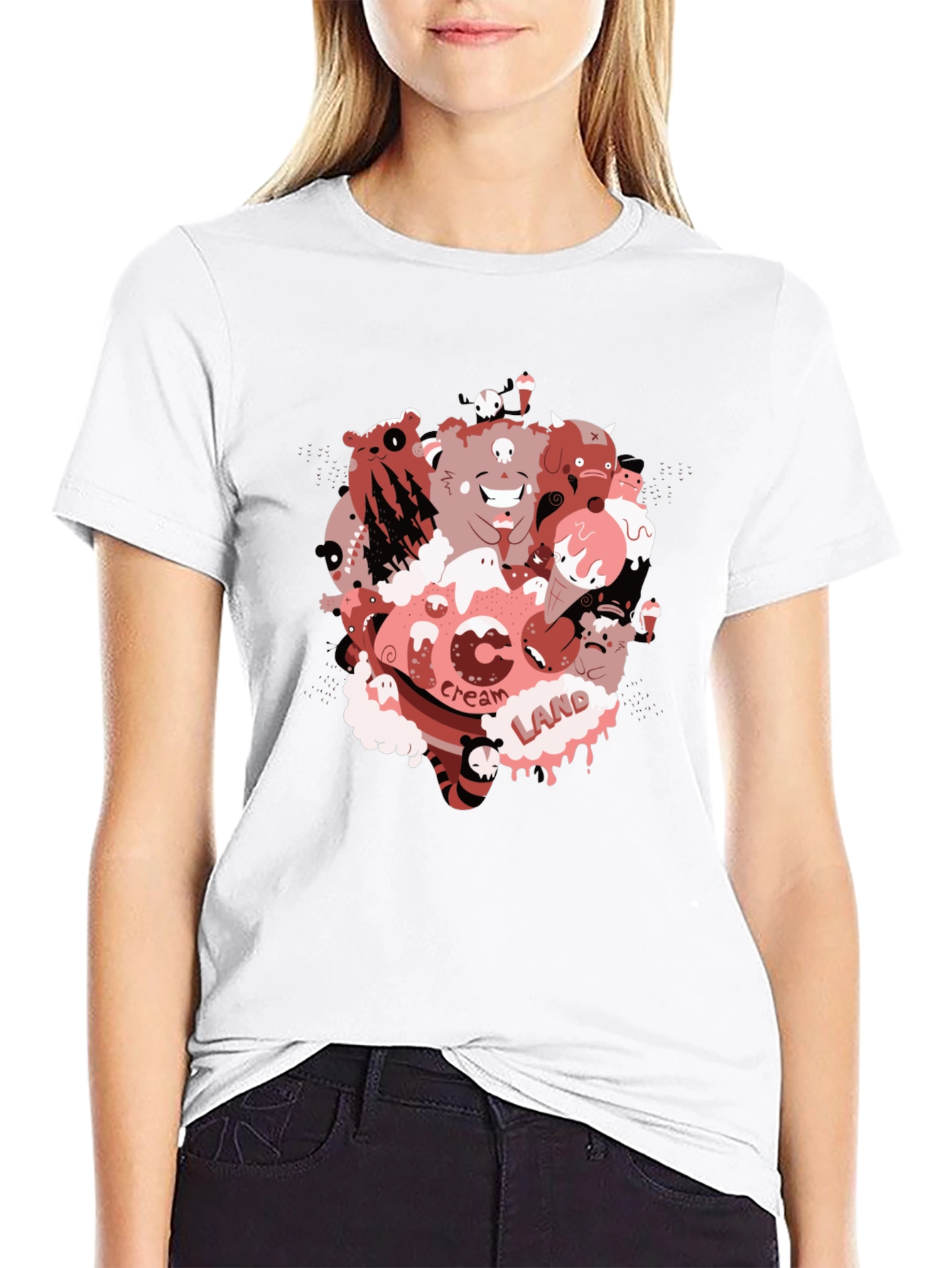 Cartoon Cream Land Graphic Black T-Shirt