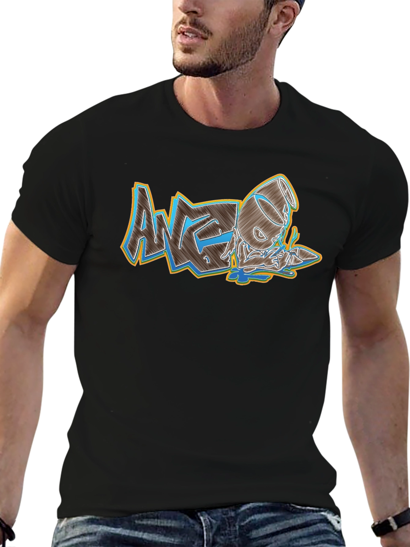 Mens Black Graphic Print Crew Neck Tee