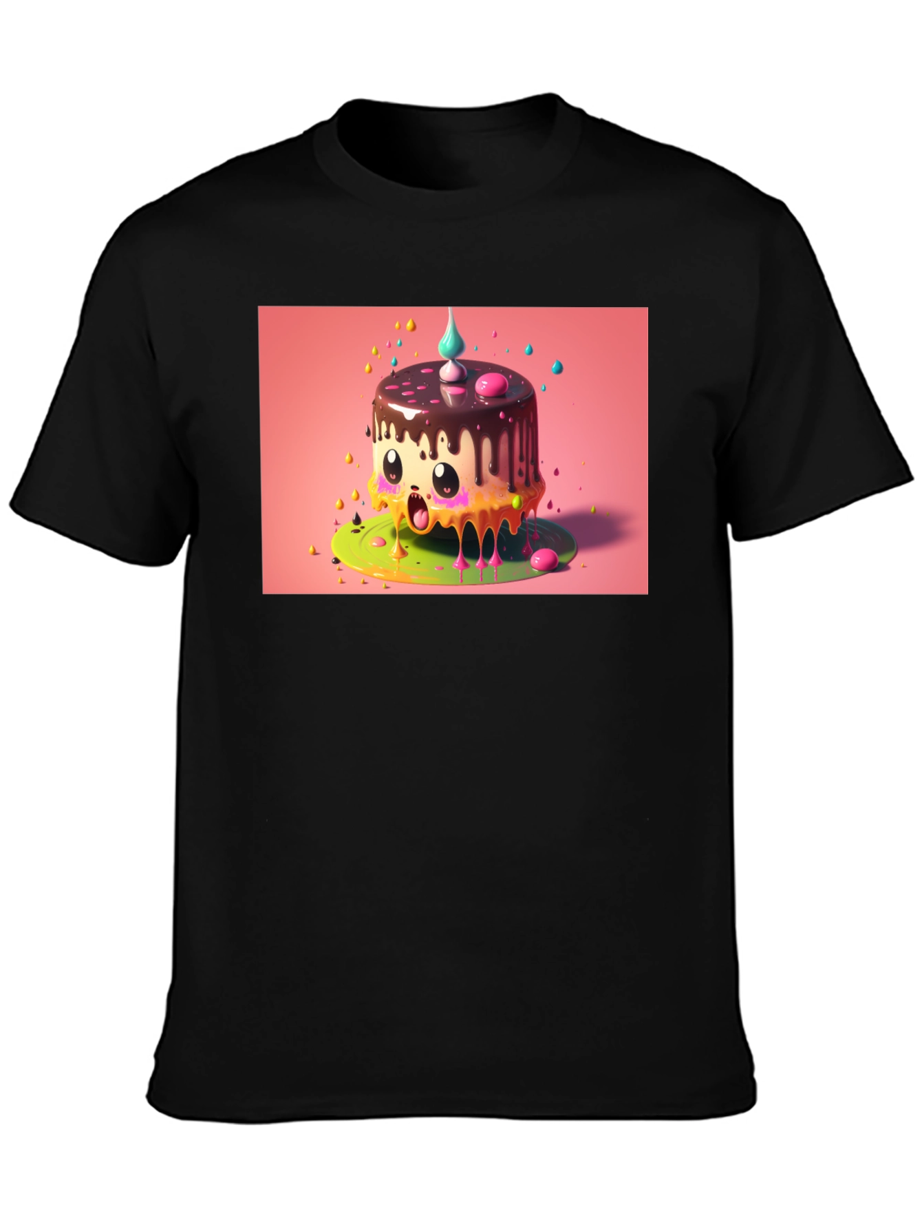 Kawaii Cake Graphic Tee - Black Cotton T-Shirt