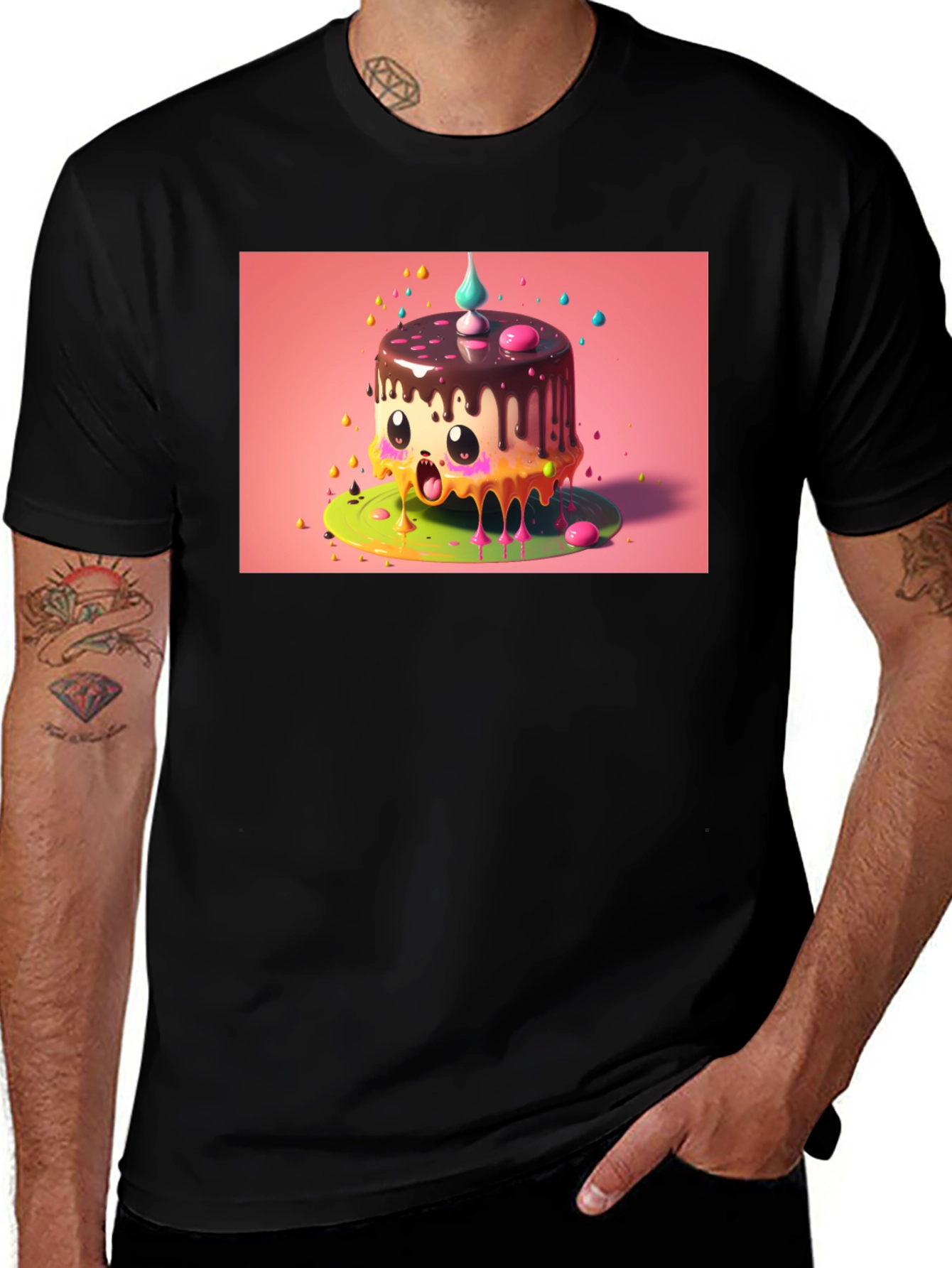 Kawaii Cake Graphic Tee - Black Cotton T-Shirt