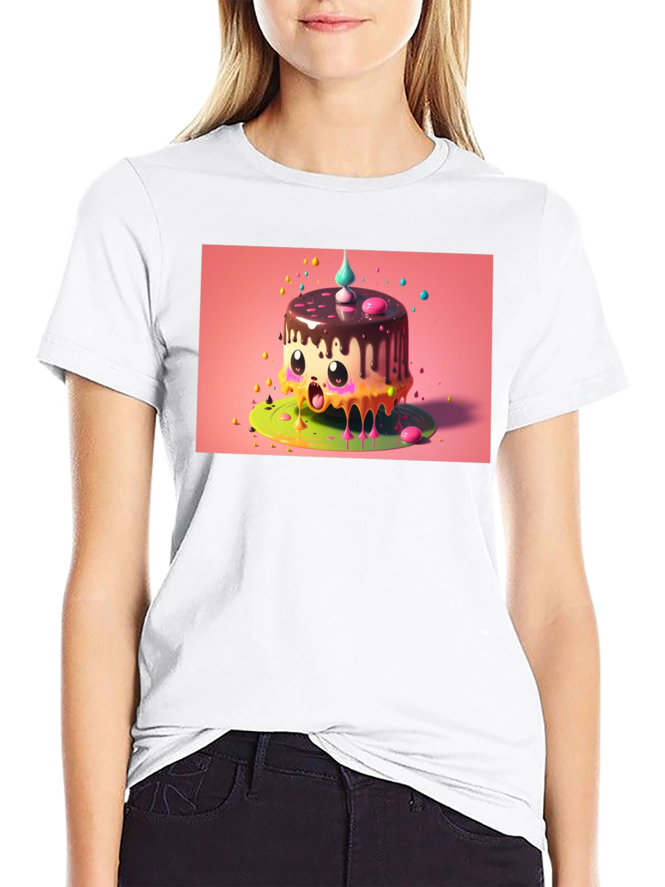 Kawaii Cake Graphic Tee - Black Cotton T-Shirt