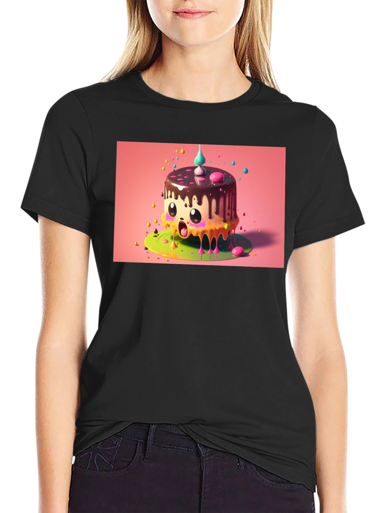 Kawaii Cake Graphic Tee - Black Cotton T-Shirt