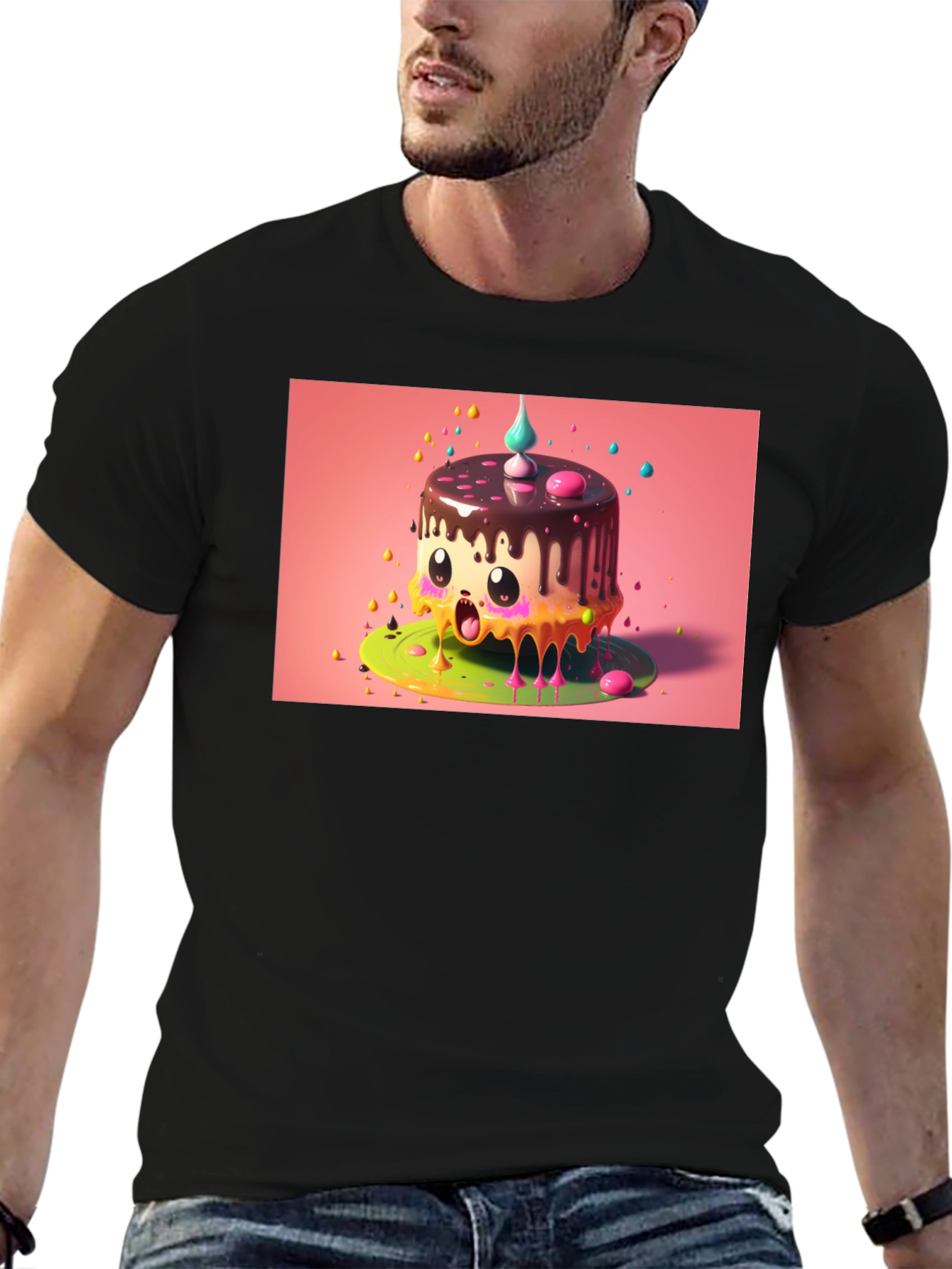 Kawaii Cake Graphic Tee - Black Cotton T-Shirt