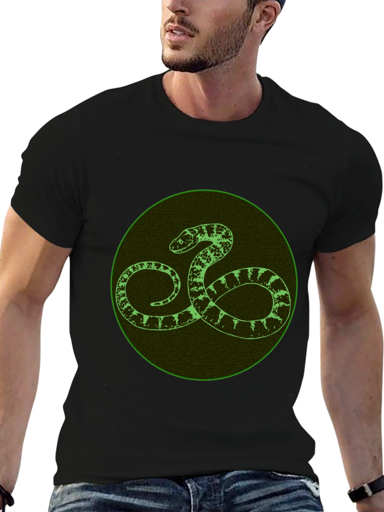 Black T-Shirt with Green Snake Design