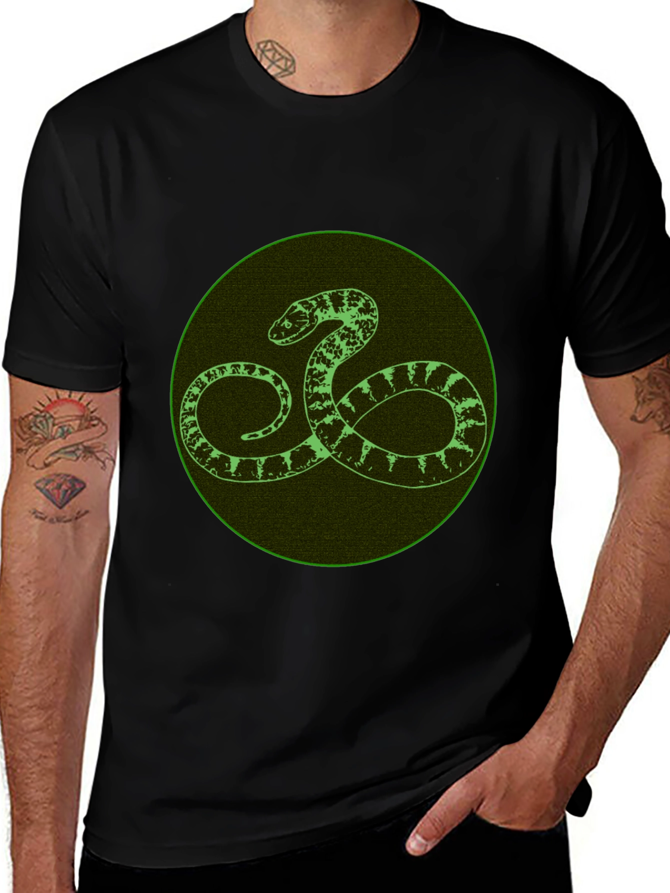 Black T-Shirt with Green Snake Design