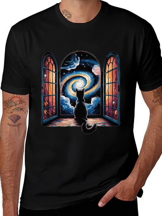 Cat Stargazing T-Shirt - Celestial Window Design