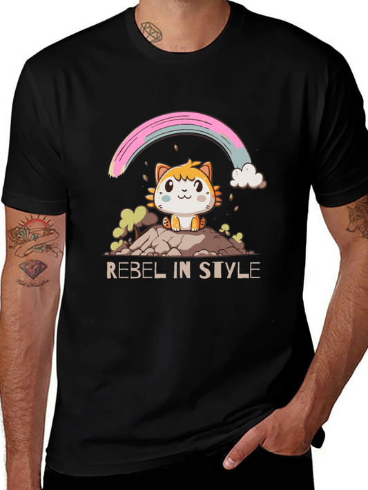 Rebel in Style Graphic Tee - Cute Cartoon Cat Rainbow Shirt