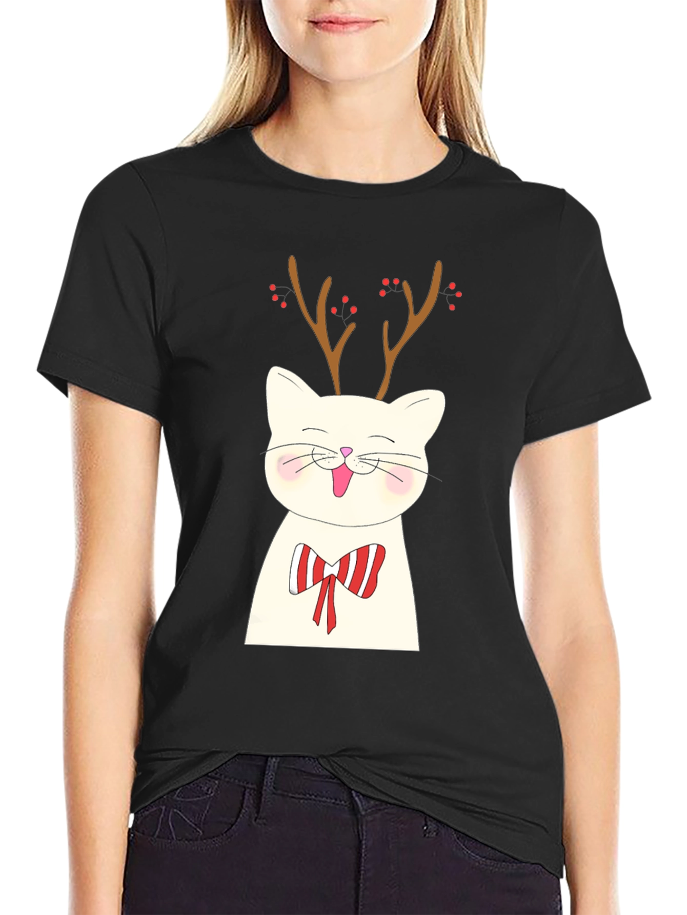 Festive Cat Reindeer Graphic Tee - Holiday Style