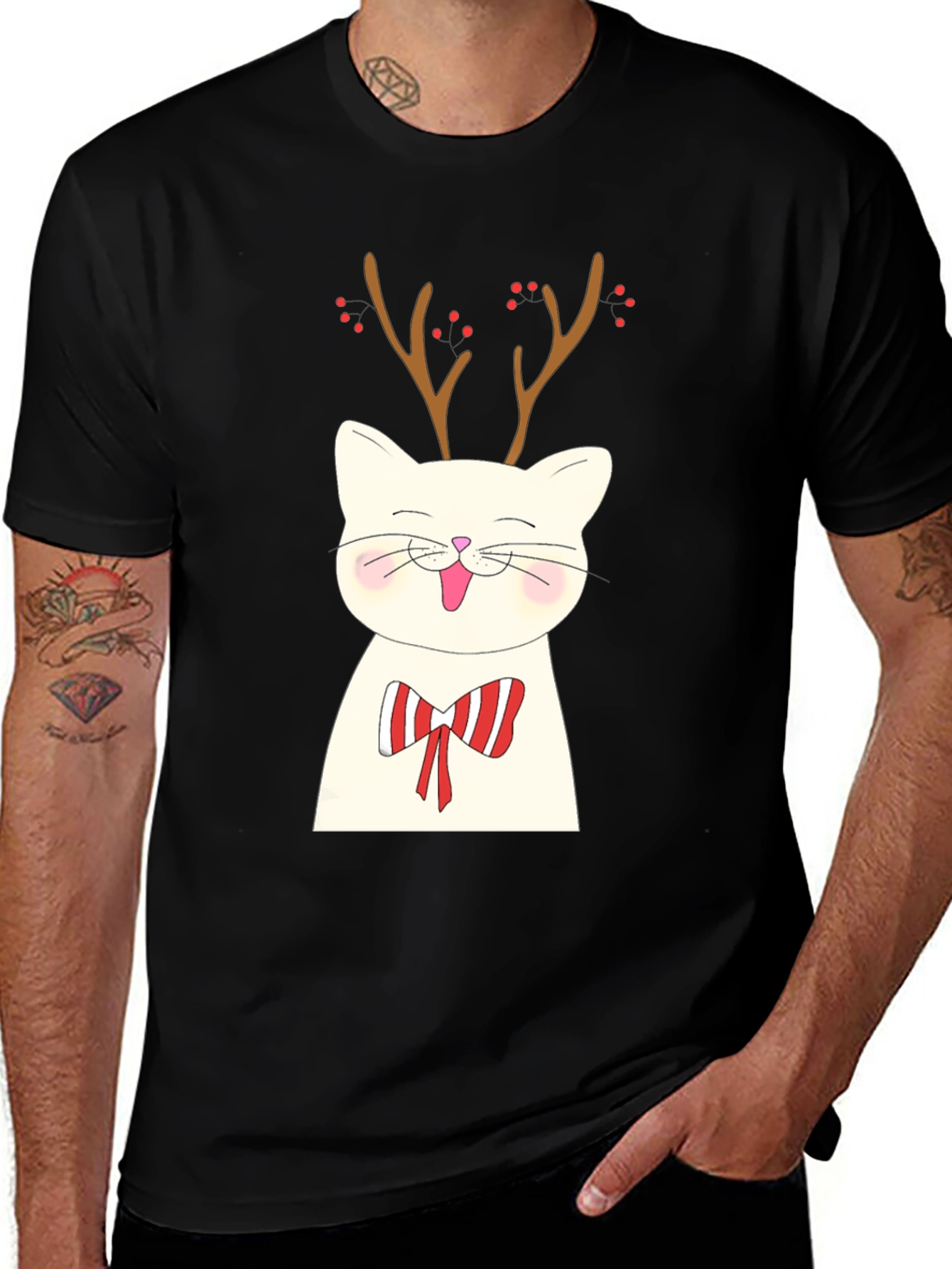 Festive Cat Reindeer Graphic Tee - Holiday Style