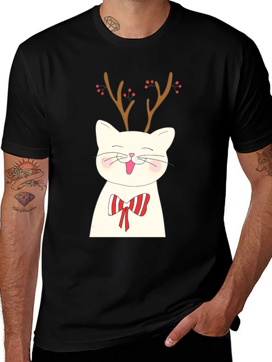 Festive Cat Reindeer Graphic Tee - Holiday Style