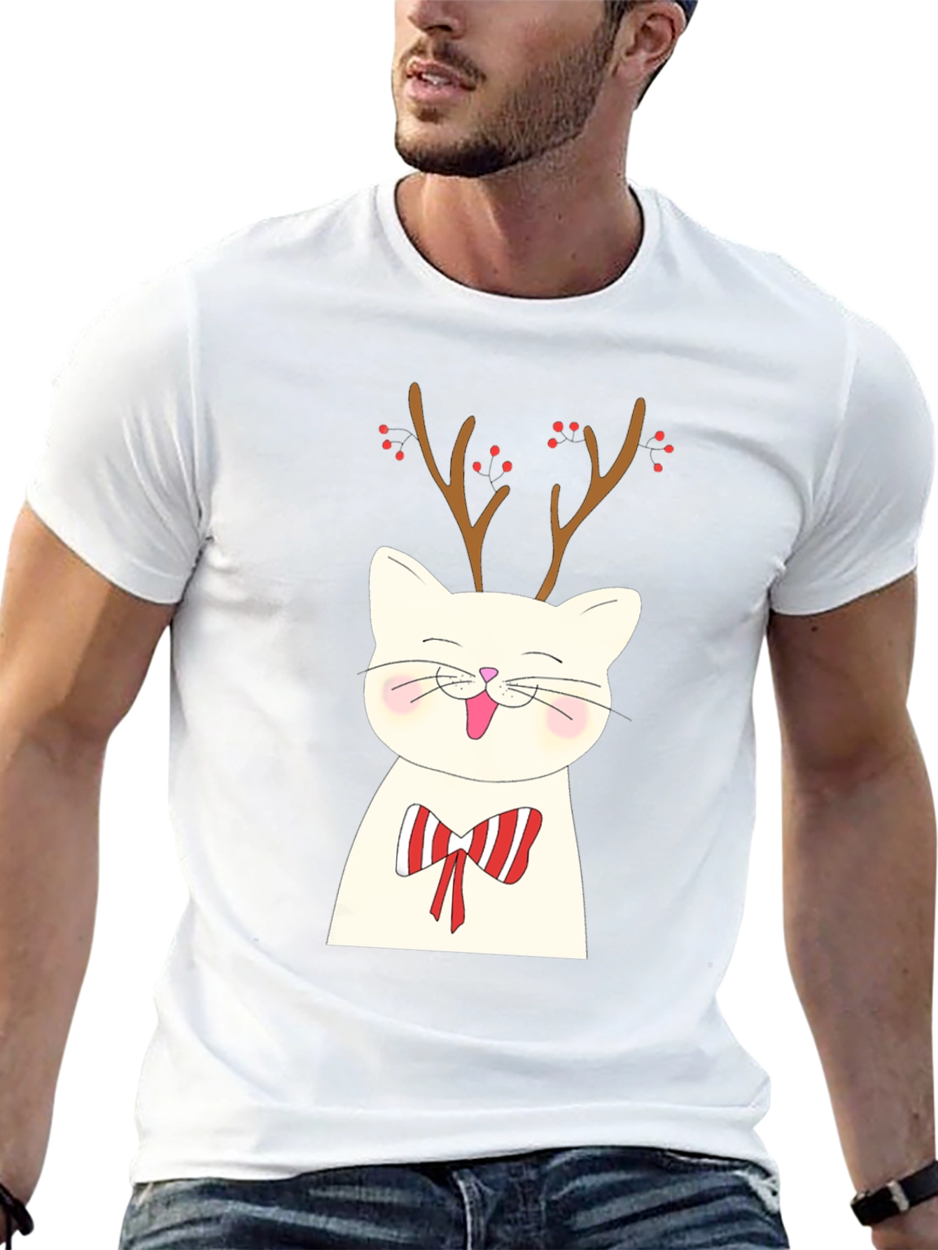 Festive Cat Reindeer Graphic Tee - Holiday Style