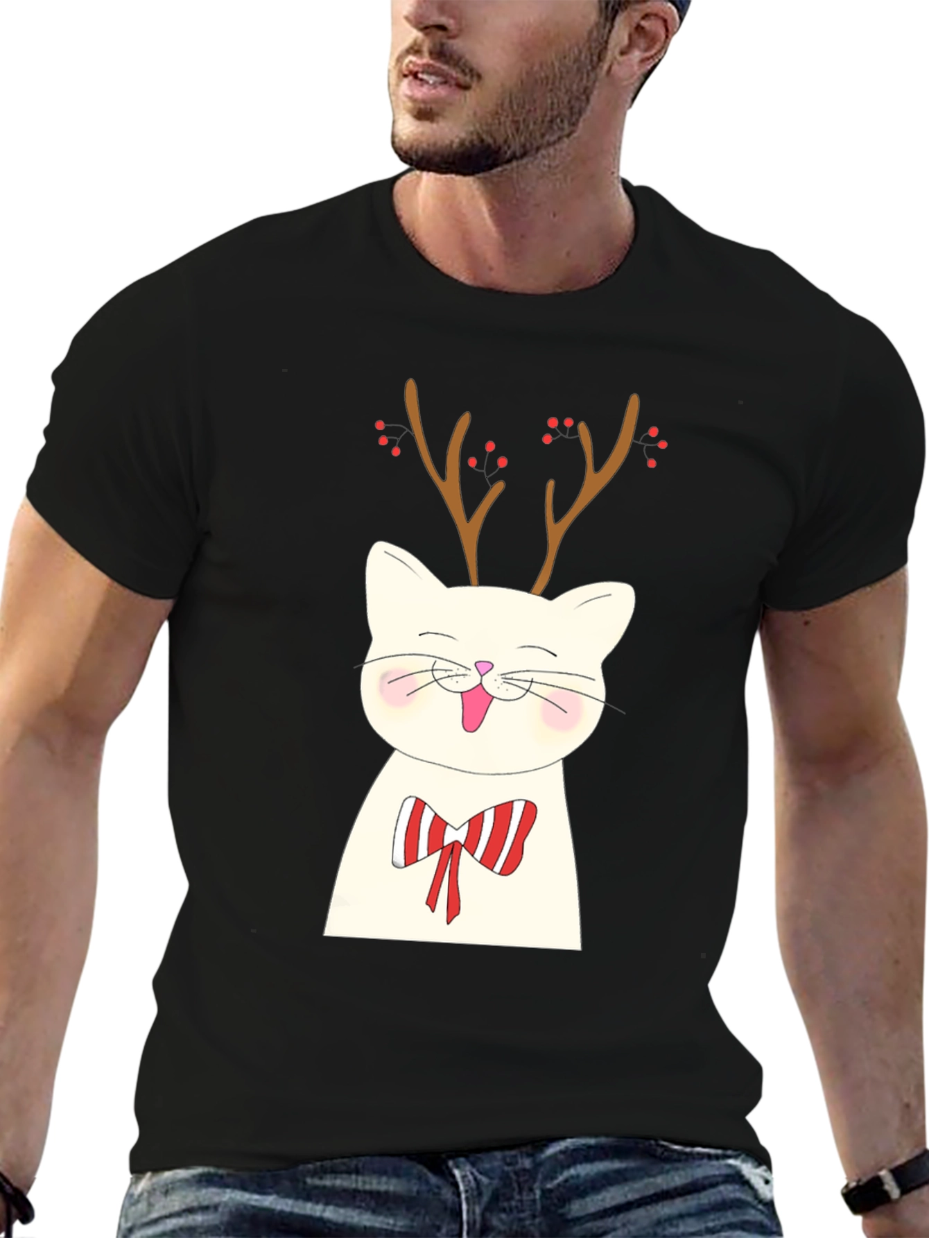 Festive Cat Reindeer Graphic Tee - Holiday Style