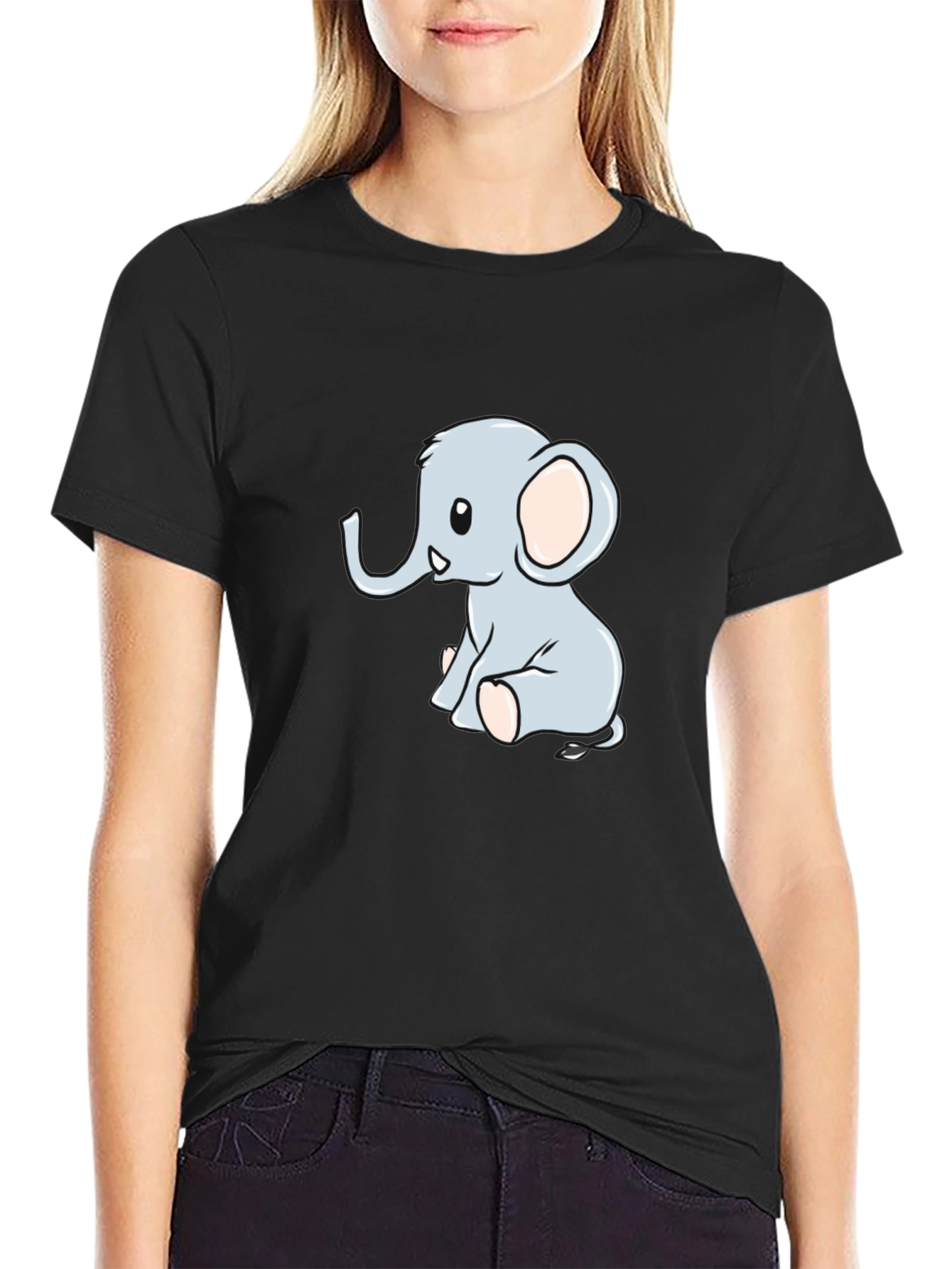 Cute Cartoon Elephant Black T-Shirt