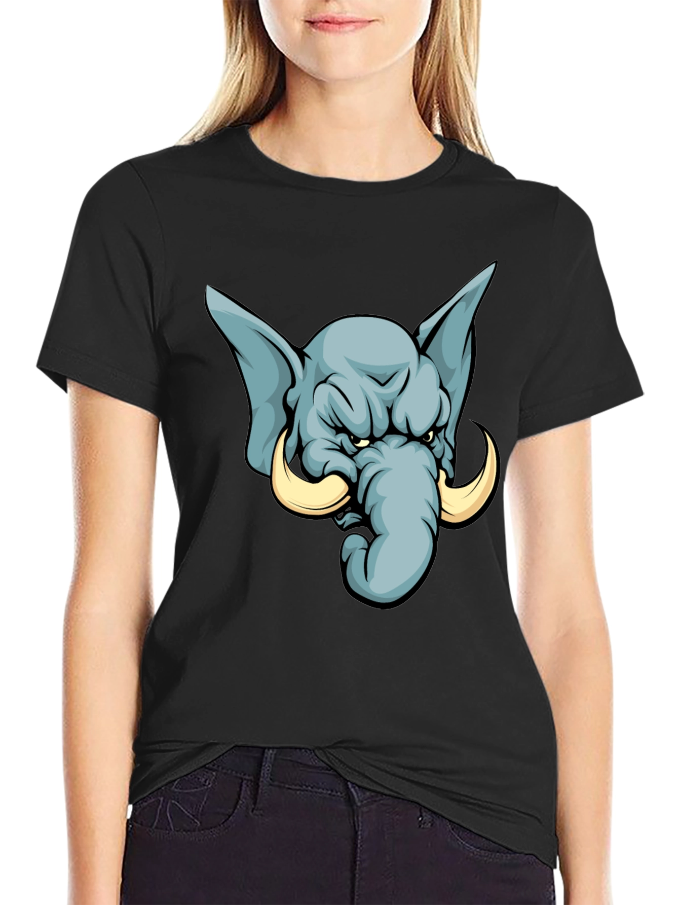 Angry Elephant Cartoon T-Shirt - Black
