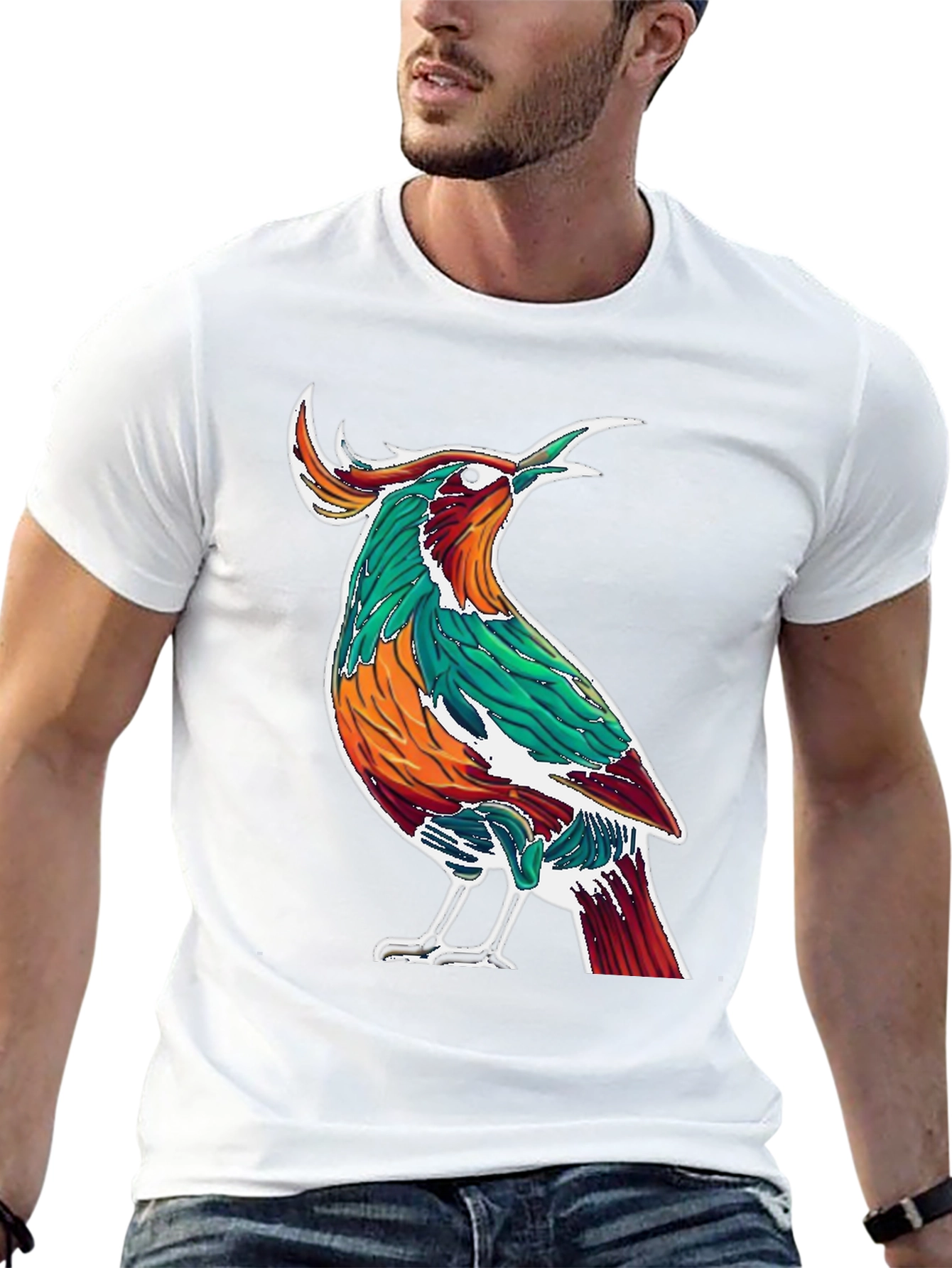 Artistic Bird Print Black T-Shirt