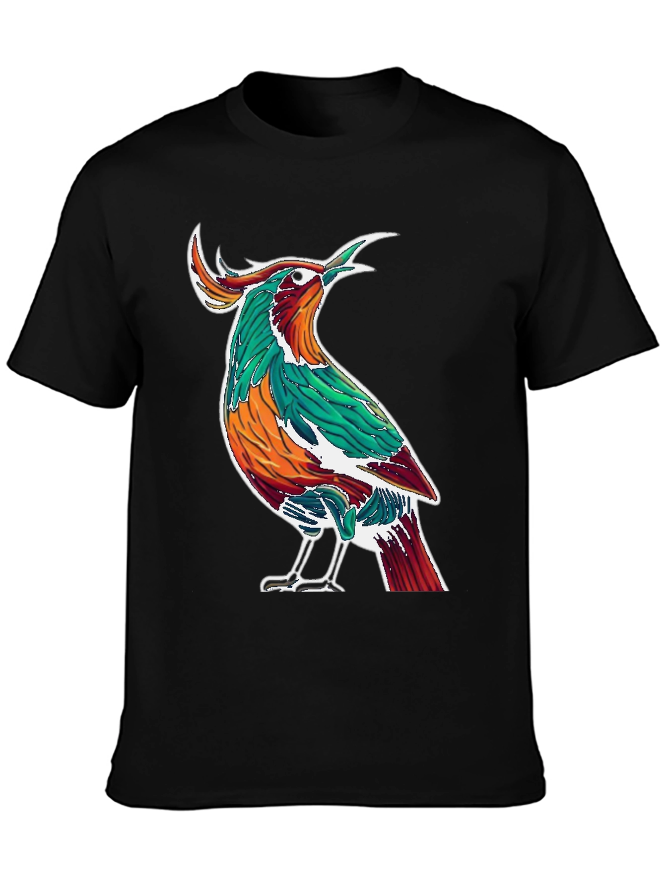 Artistic Bird Print Black T-Shirt