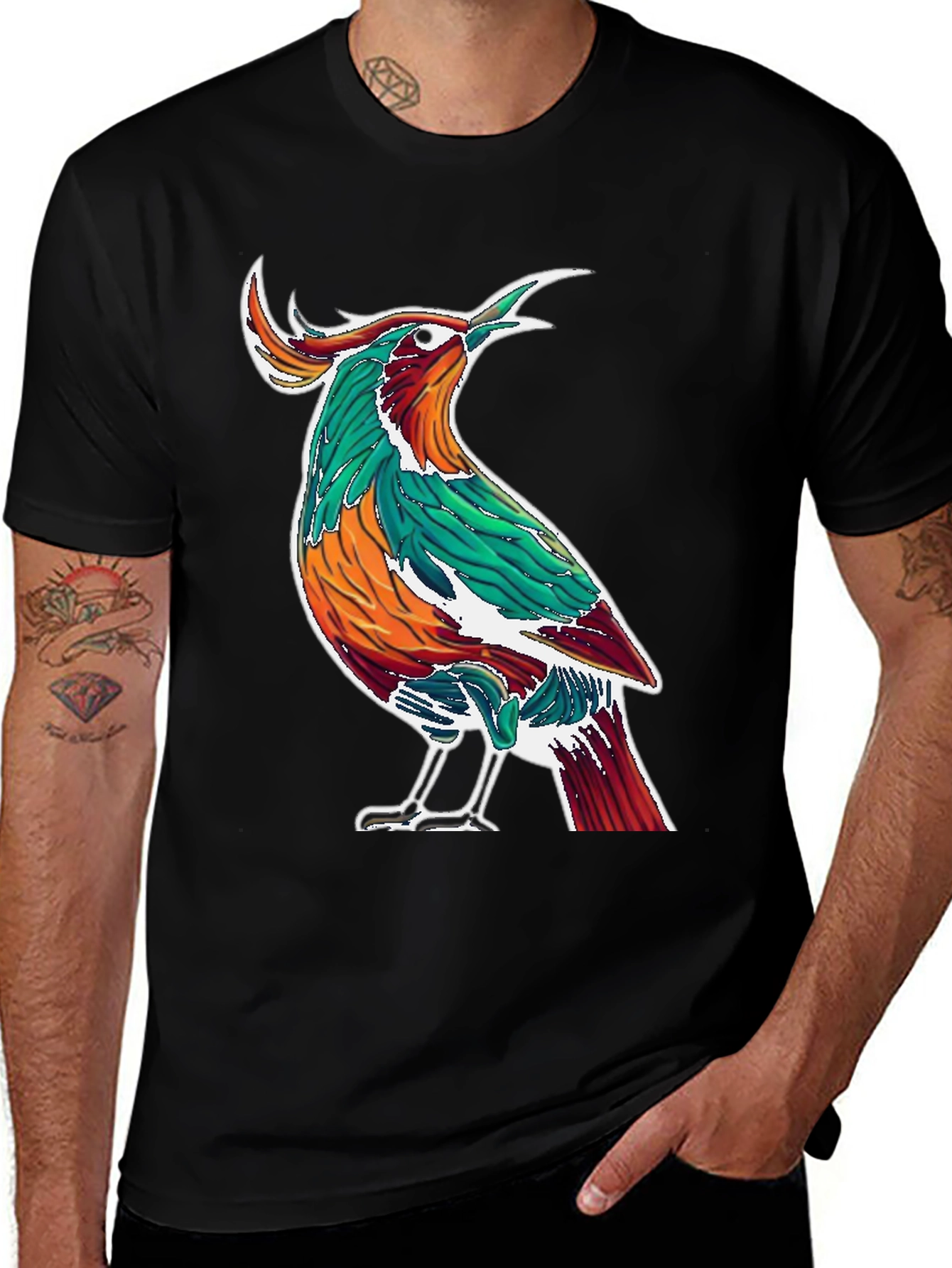 Artistic Bird Print Black T-Shirt