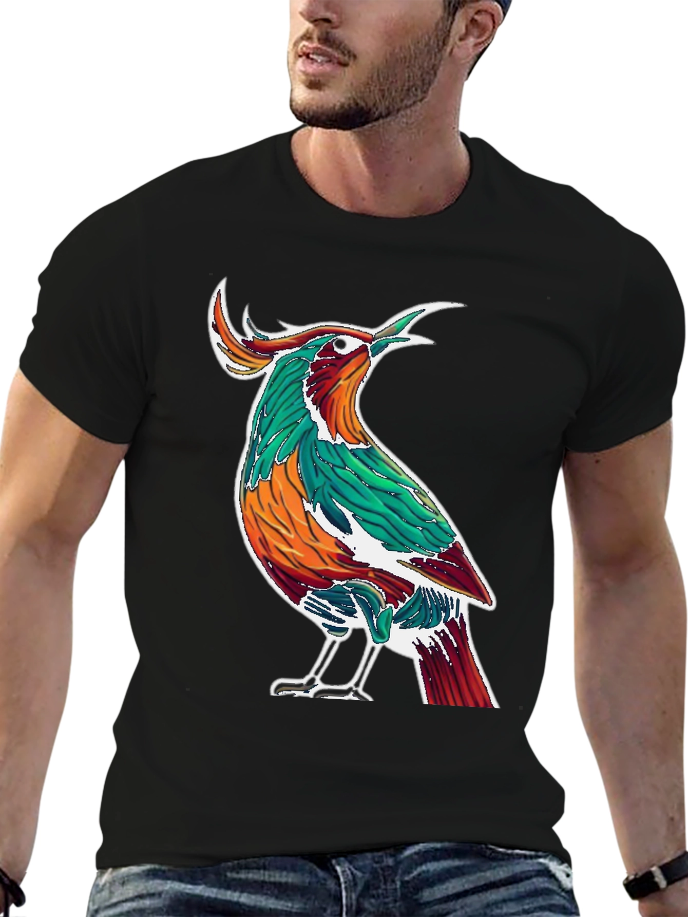 Artistic Bird Print Black T-Shirt