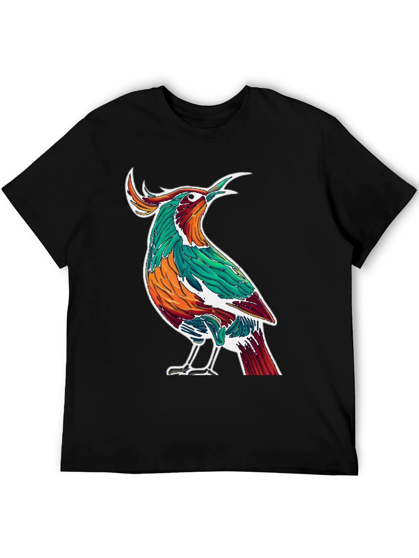 Artistic Bird Print Black T-Shirt
