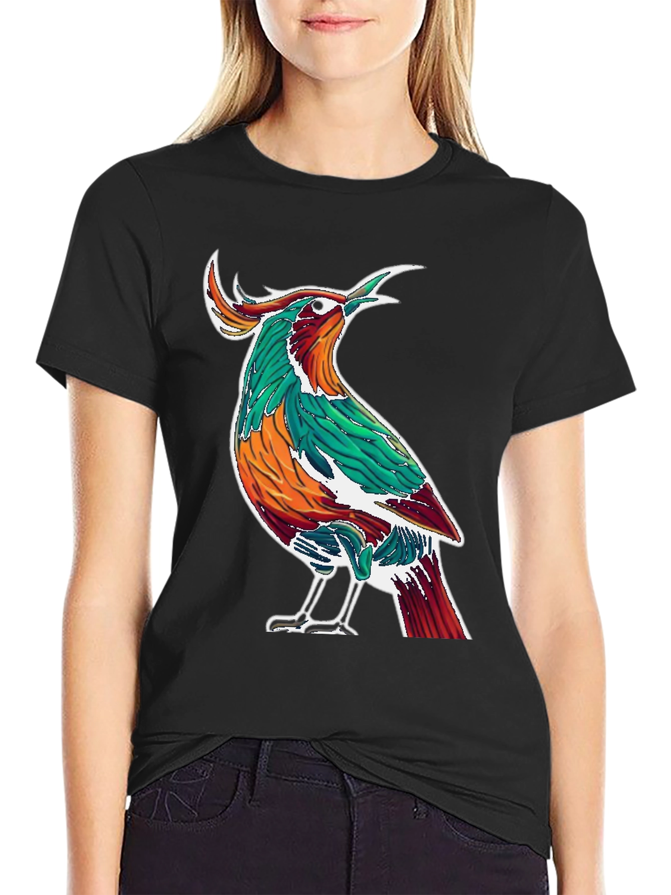 Artistic Bird Print Black T-Shirt