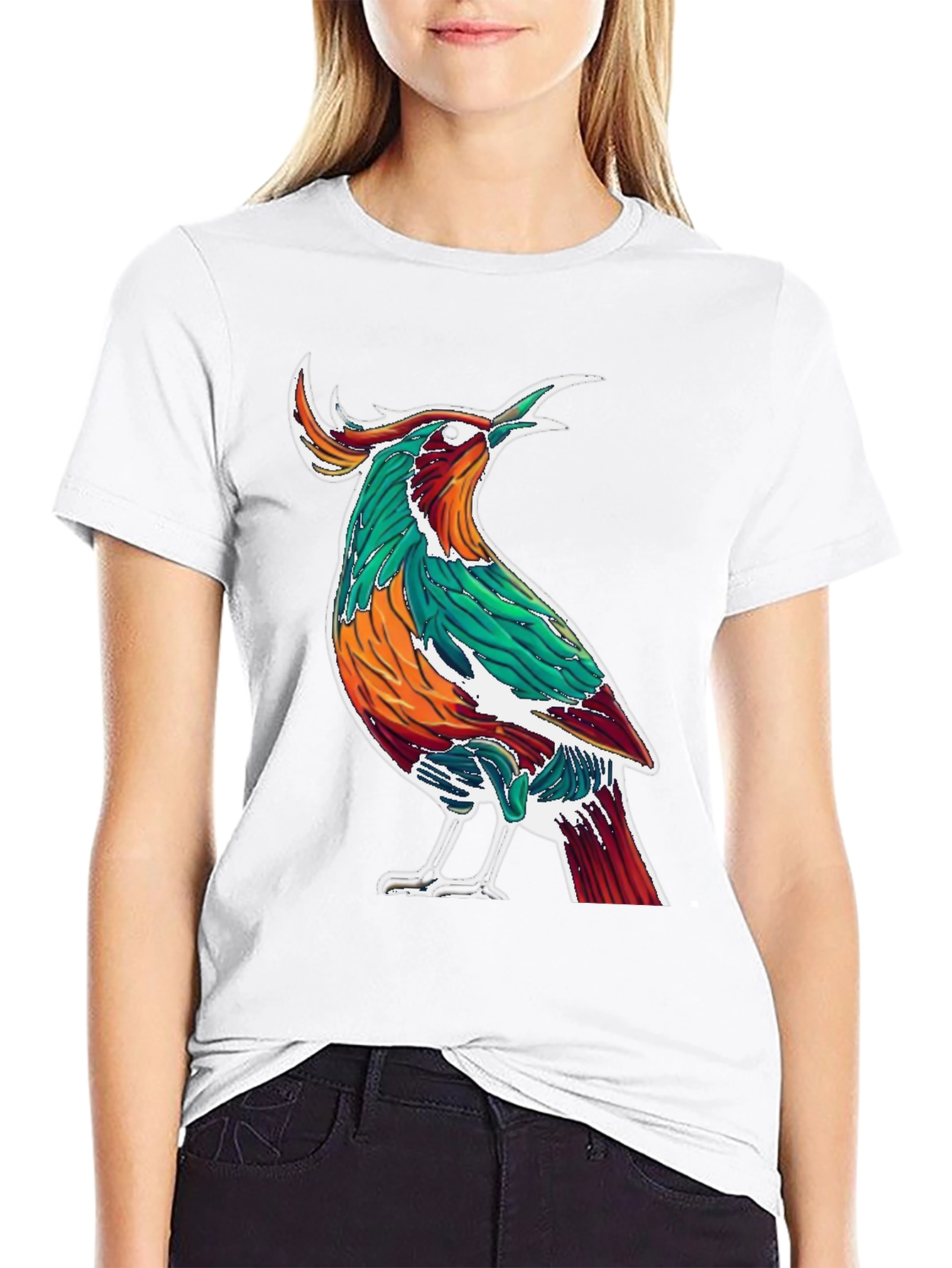 Artistic Bird Print Black T-Shirt