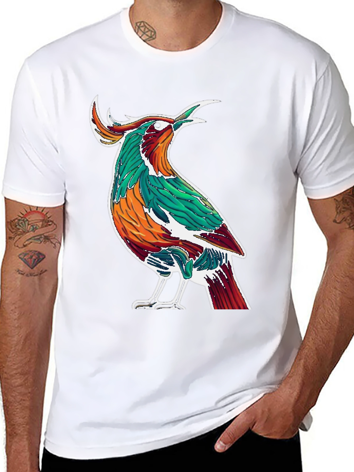 Artistic Bird Print Black T-Shirt