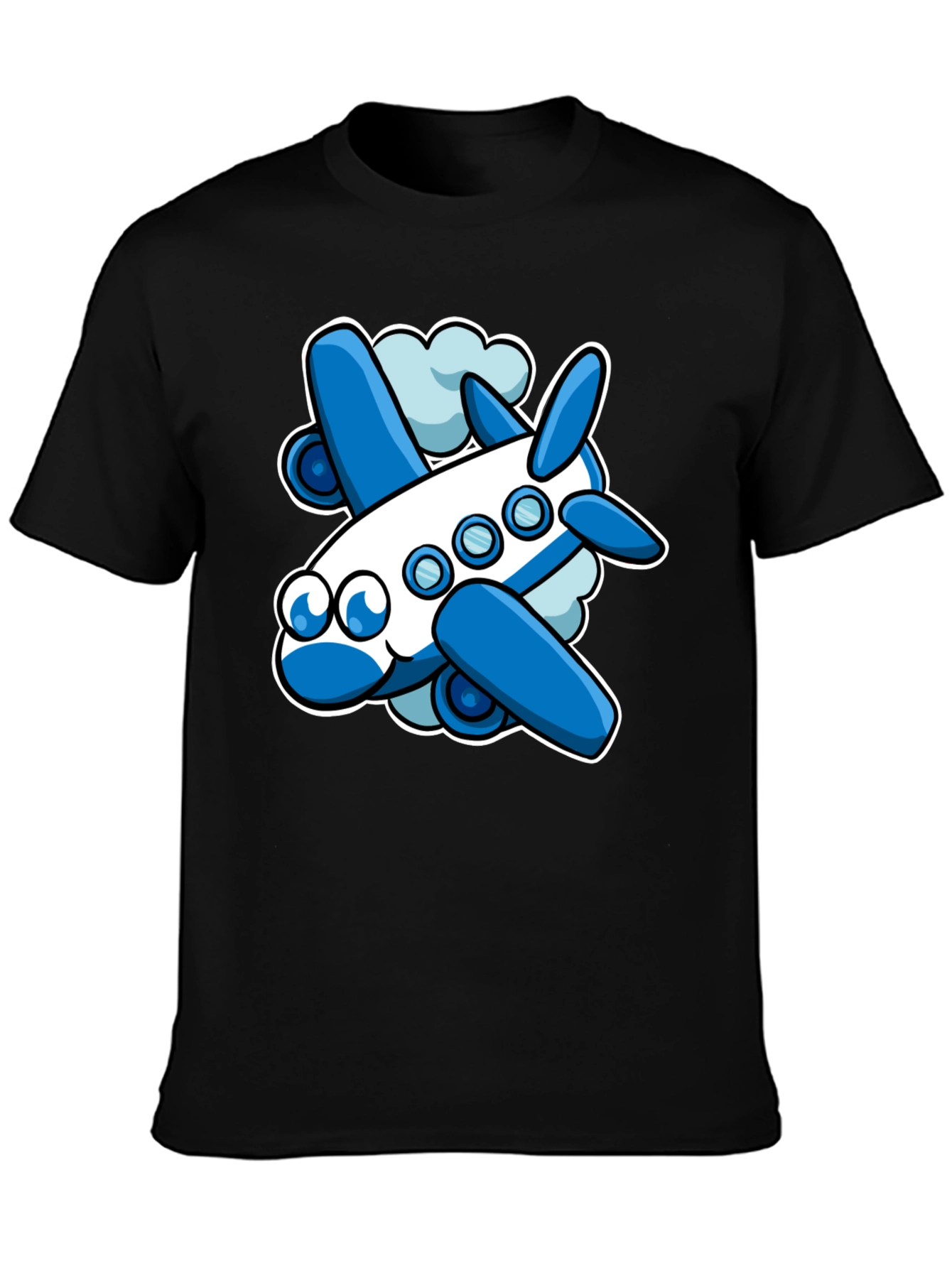 Cartoon Airplane Graphic Tee - Black