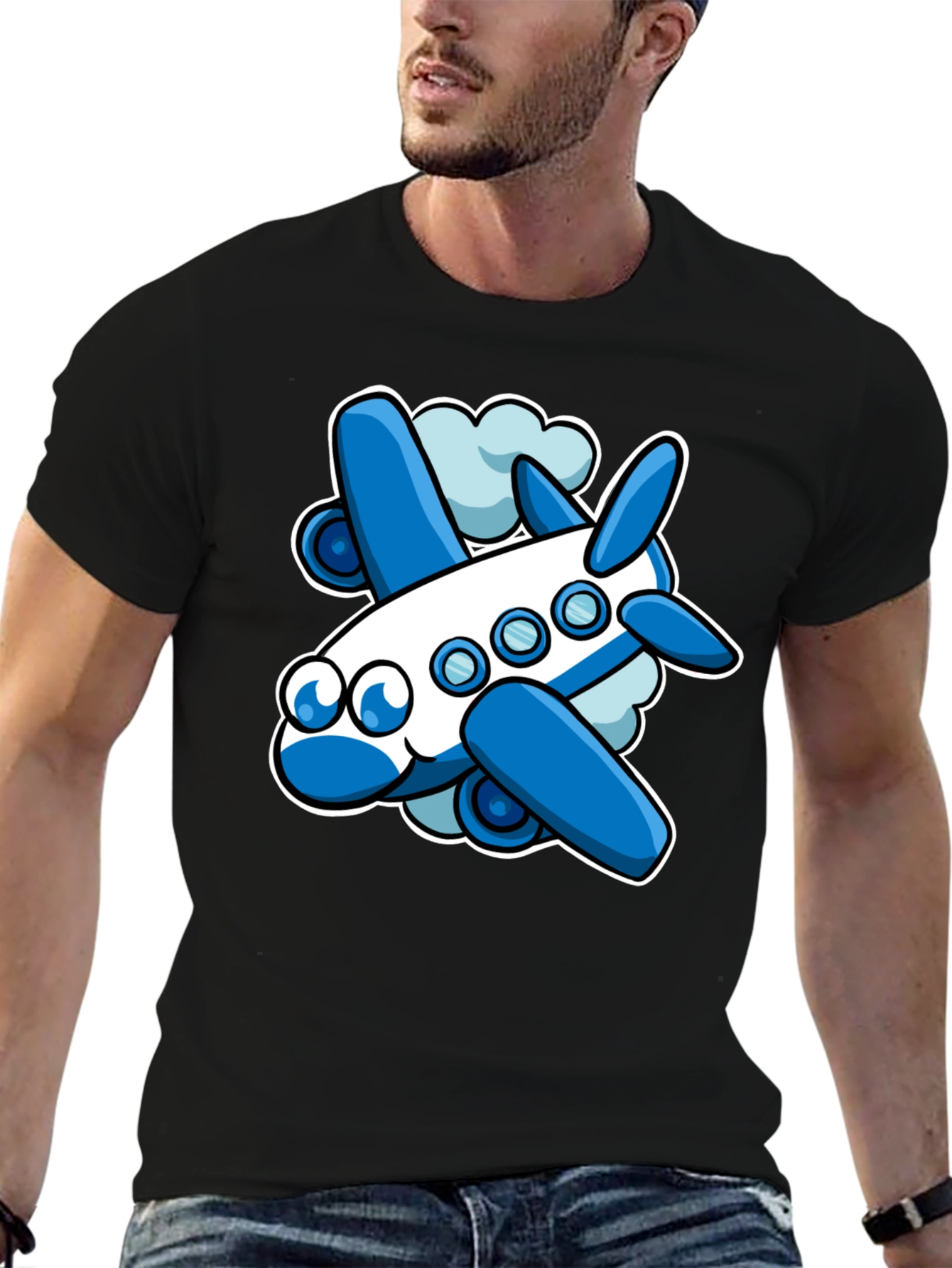 Cartoon Airplane Graphic Tee - Black