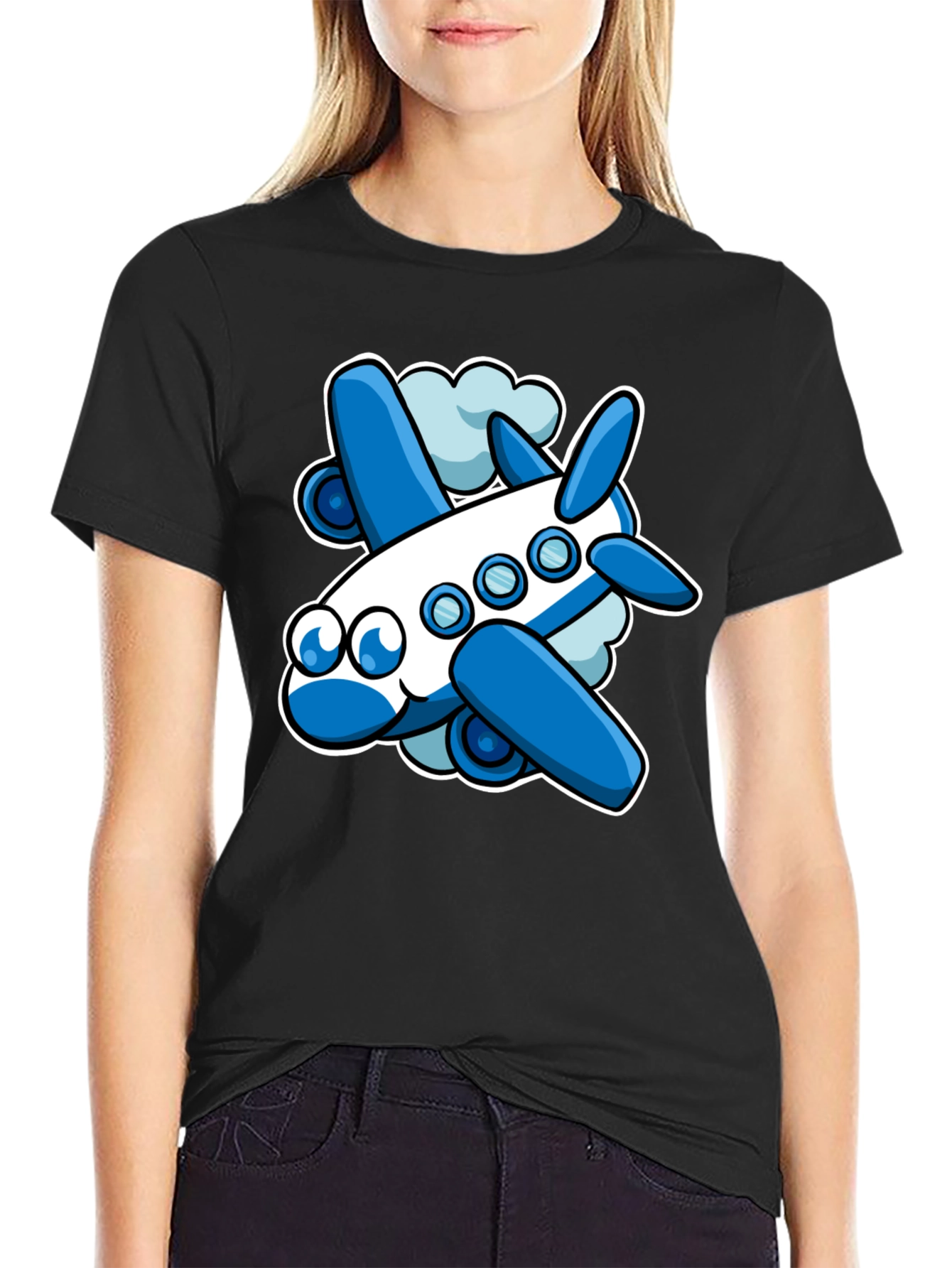 Cartoon Airplane Graphic Tee - Black