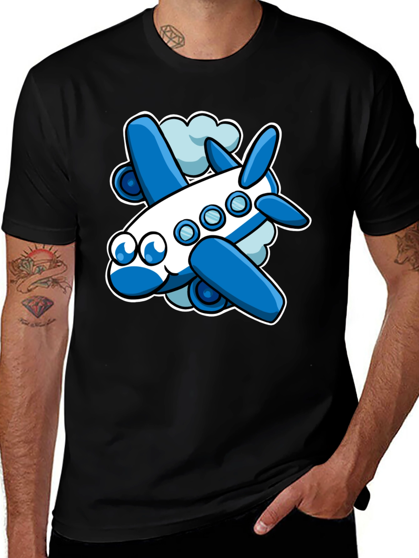 Cartoon Airplane Graphic Tee - Black