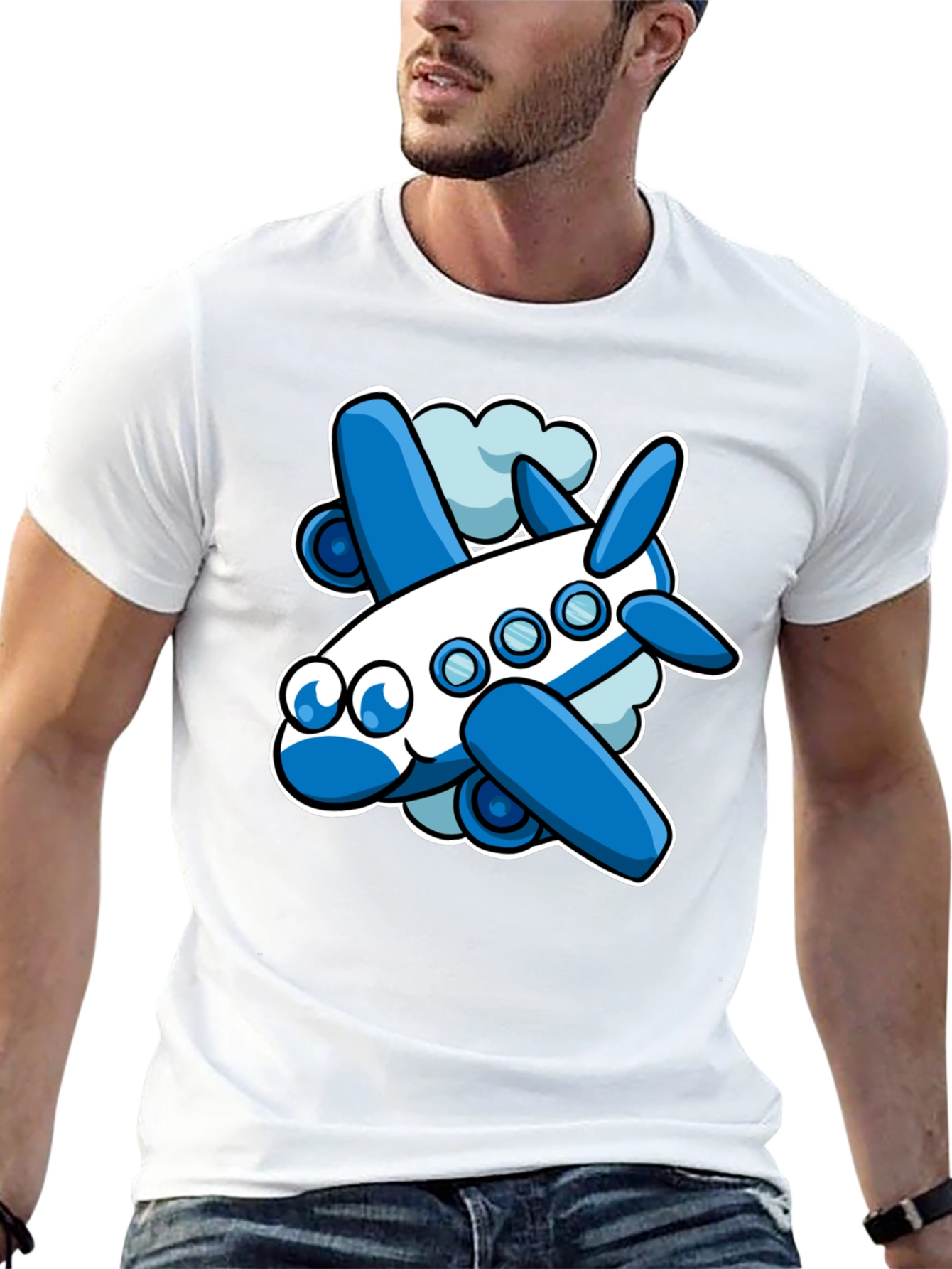 Cartoon Airplane Graphic Tee - Black