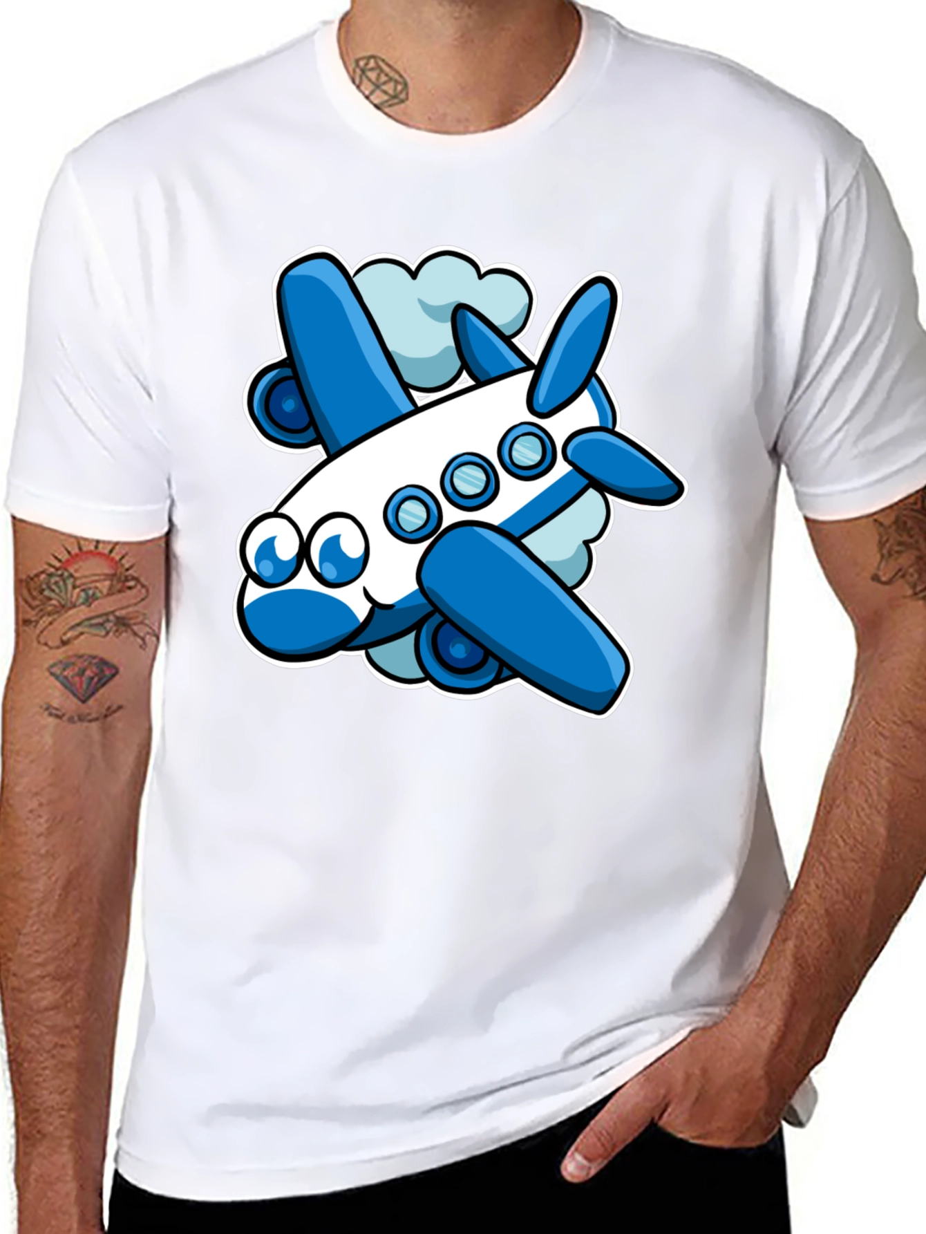 Cartoon Airplane Graphic Tee - Black