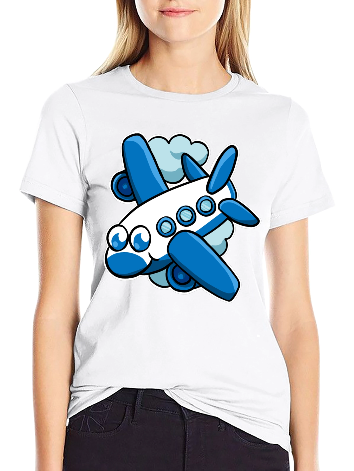 Cartoon Airplane Graphic Tee - Black