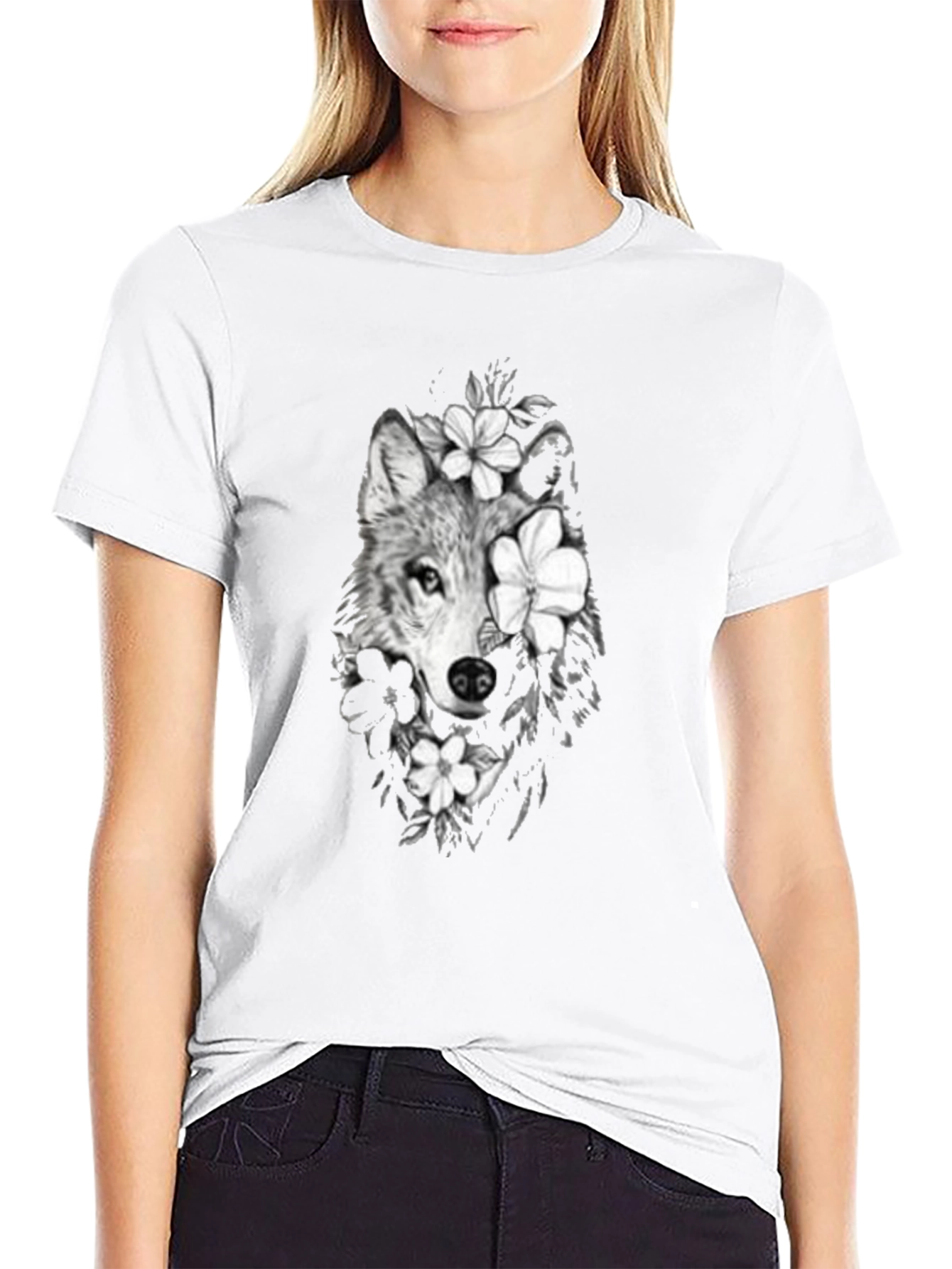 Wolf & Floral Graphic Print Mens Black Tee