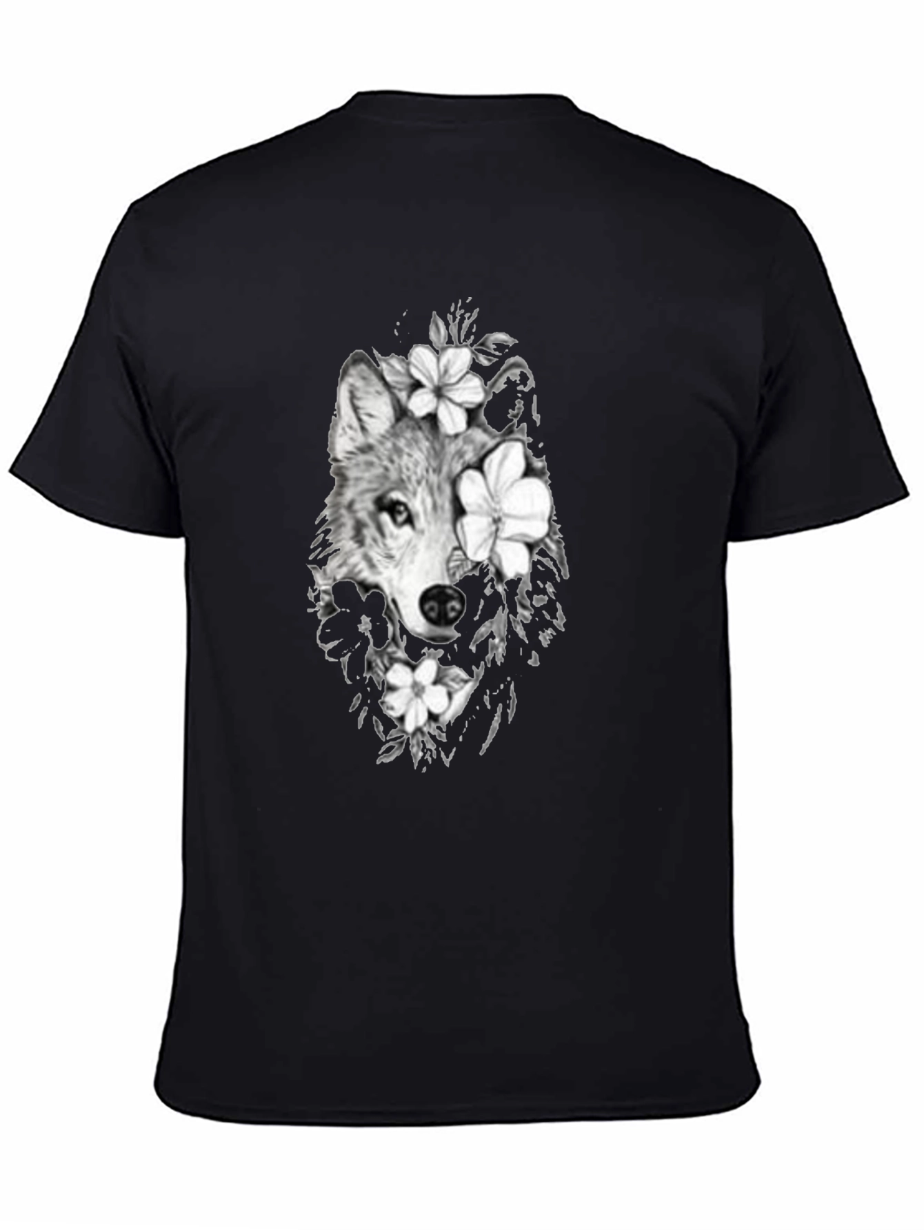 Wolf & Floral Graphic Print Mens Black Tee