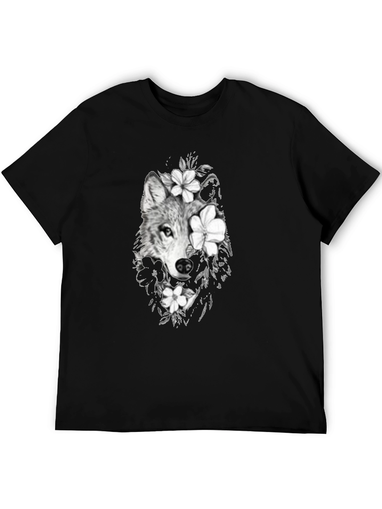Wolf & Floral Graphic Print Mens Black Tee