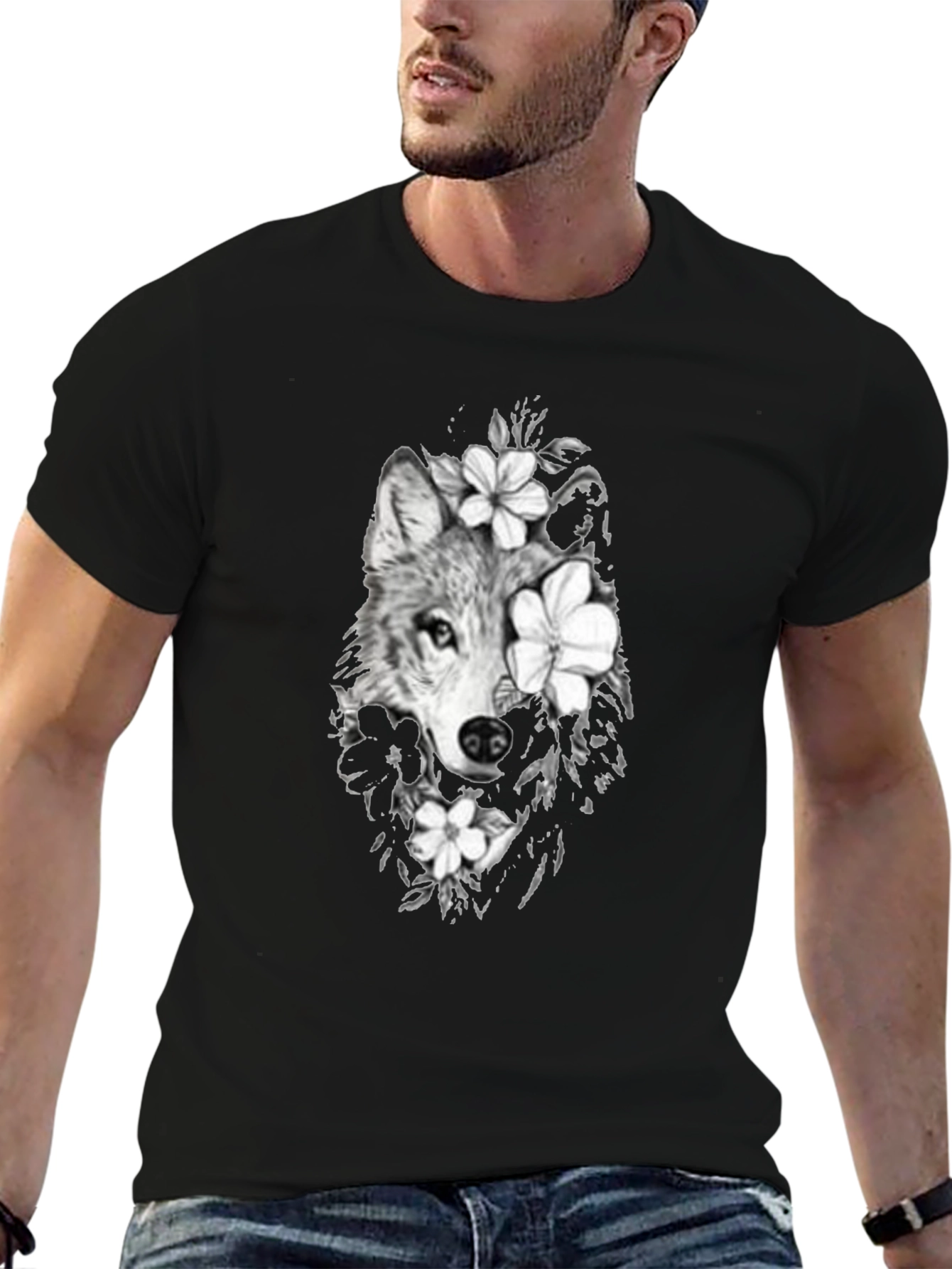 Wolf & Floral Graphic Print Mens Black Tee