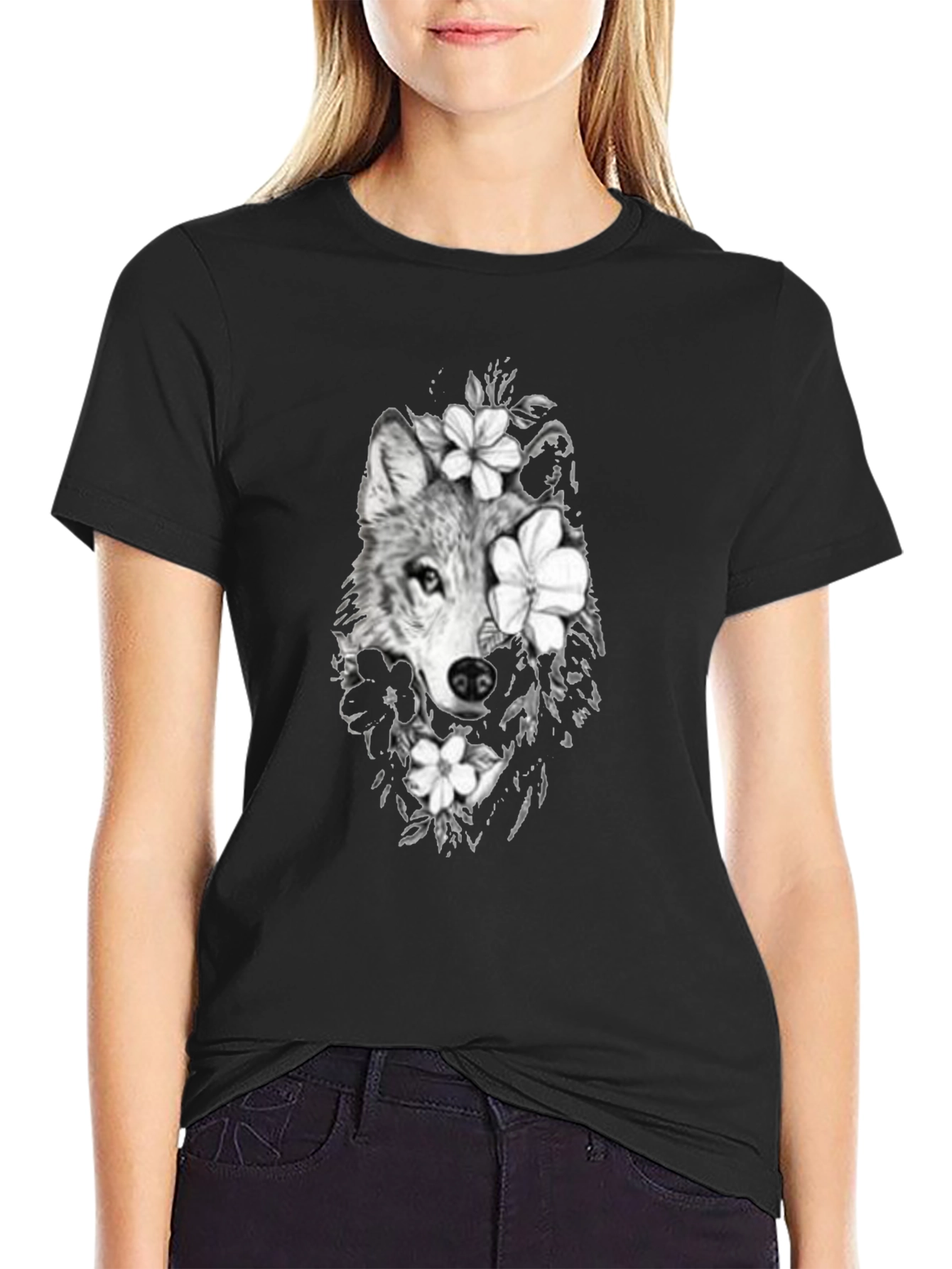 Wolf & Floral Graphic Print Mens Black Tee