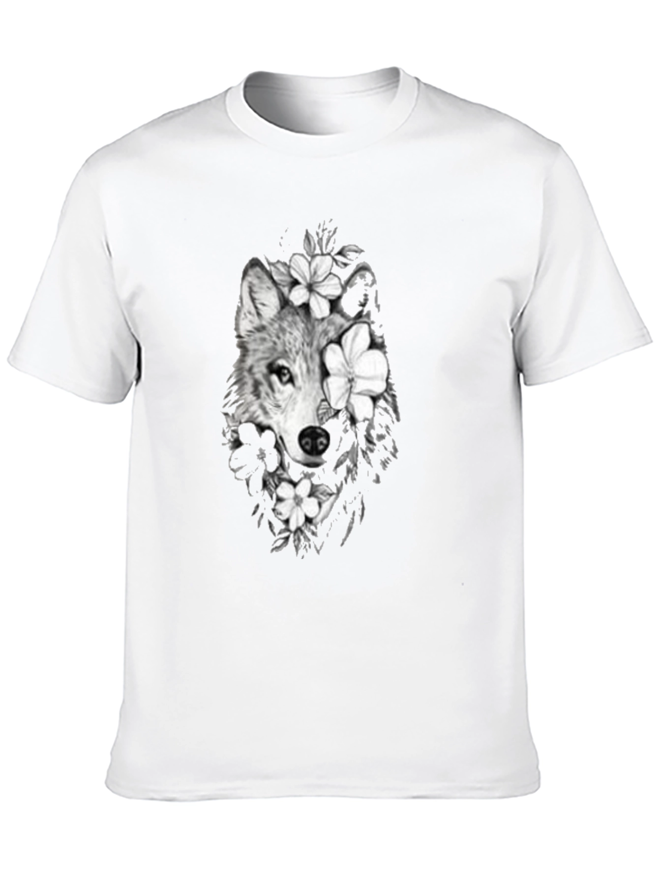 Wolf & Floral Graphic Print Mens Black Tee