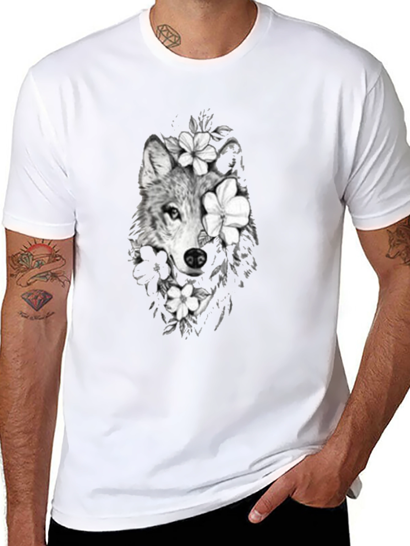 Wolf & Floral Graphic Print Mens Black Tee