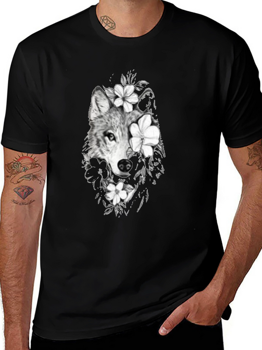 Wolf & Floral Graphic Print Mens Black Tee