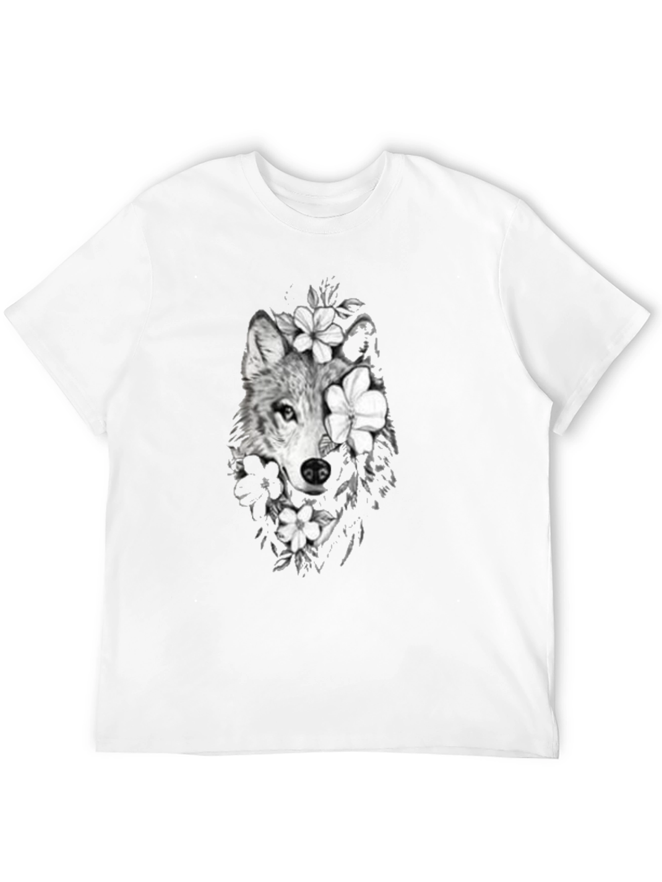 Wolf & Floral Graphic Print Mens Black Tee