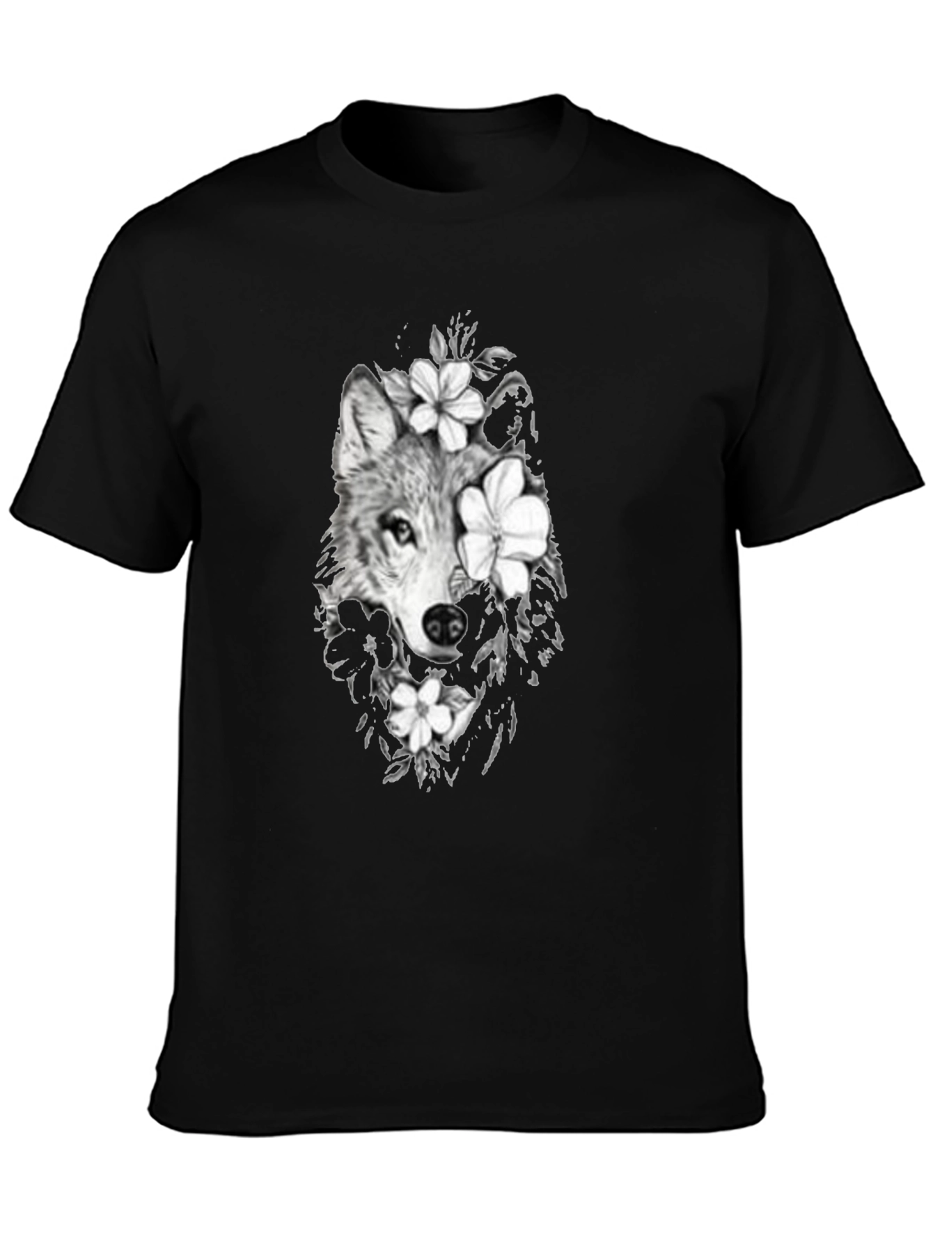 Wolf & Floral Graphic Print Mens Black Tee