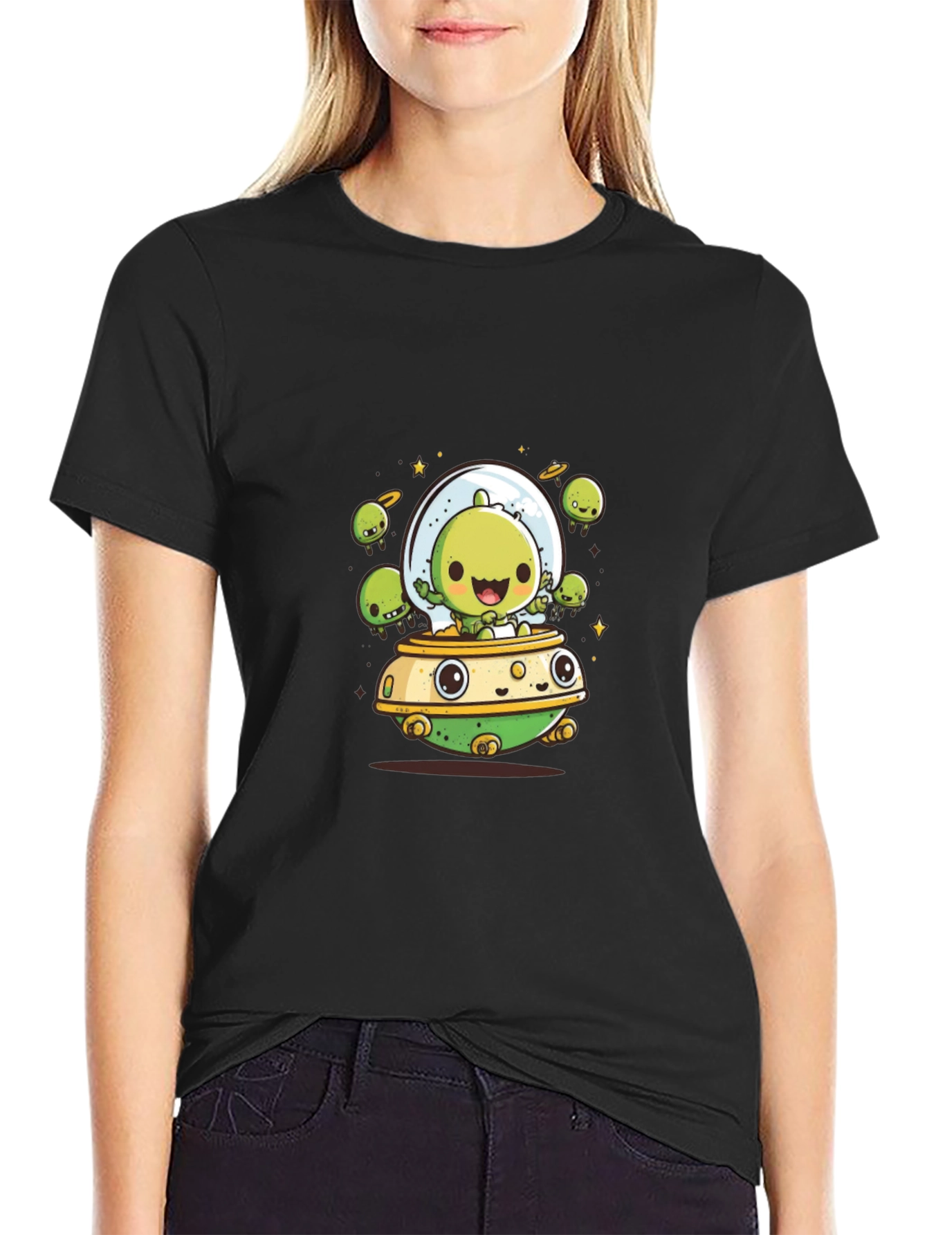 Cute Alien UFO T-Shirt - Black