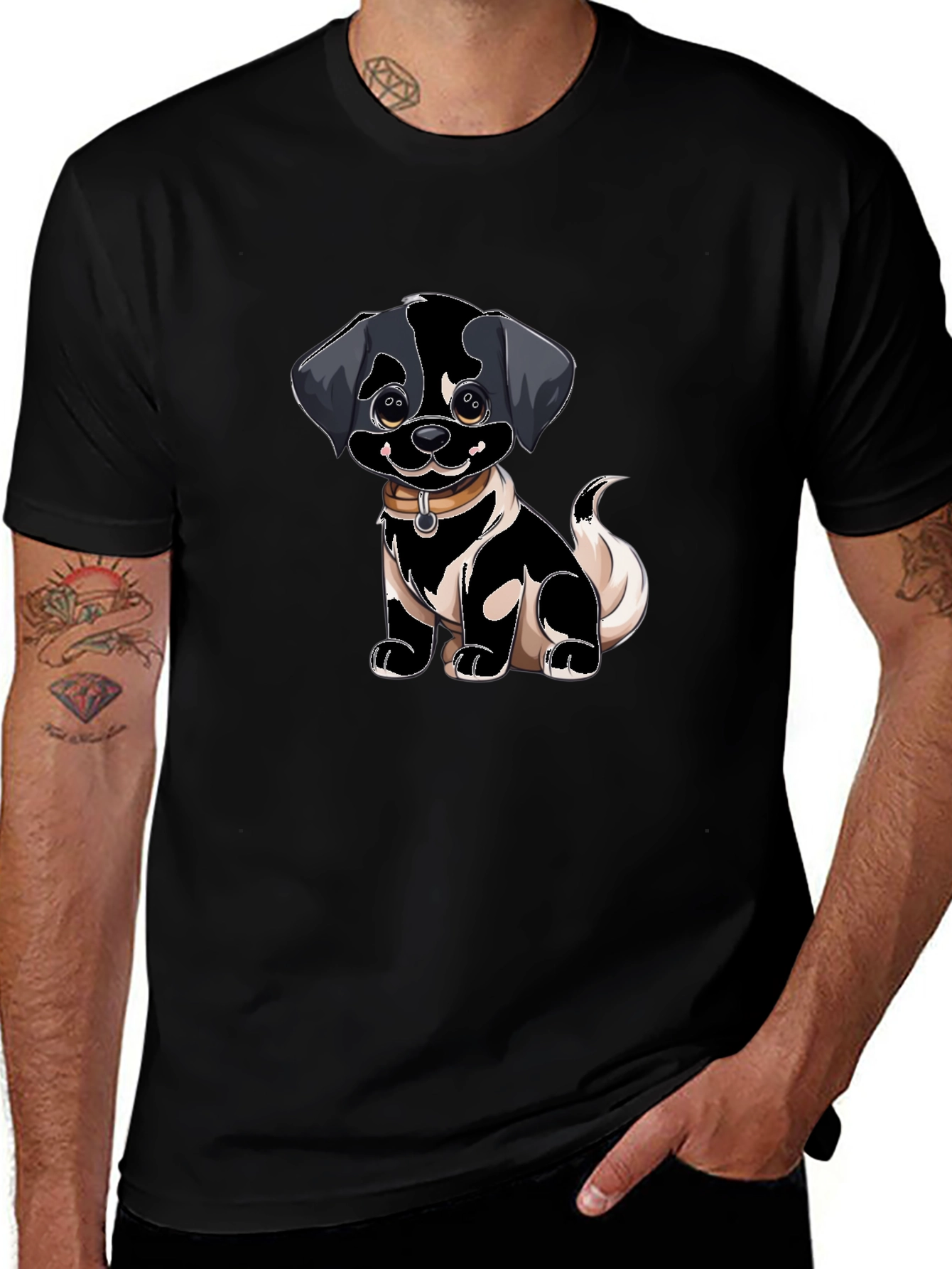 Cartoon Puppy Dog Graphic Black T-Shirt