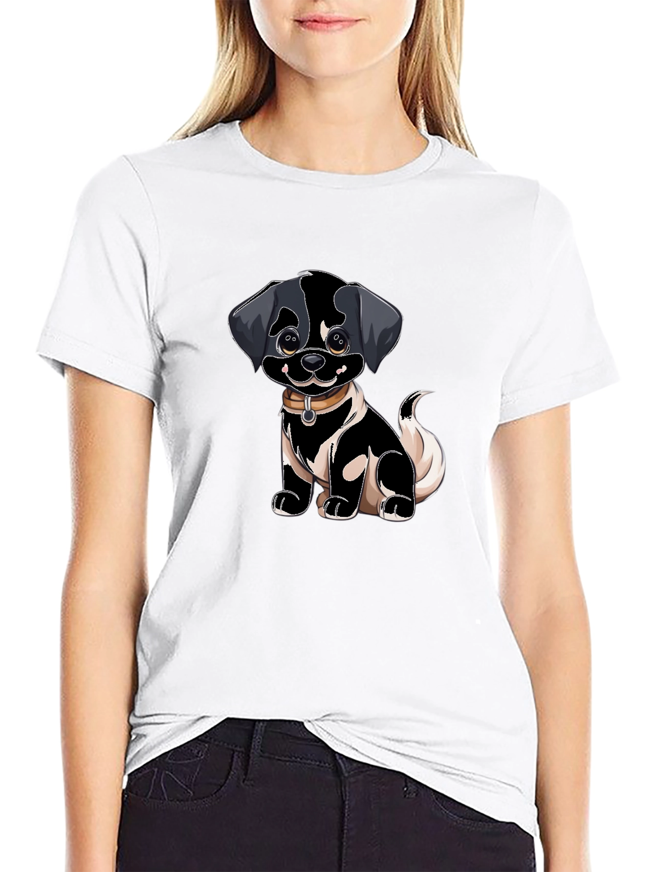 Cartoon Puppy Dog Graphic Black T-Shirt