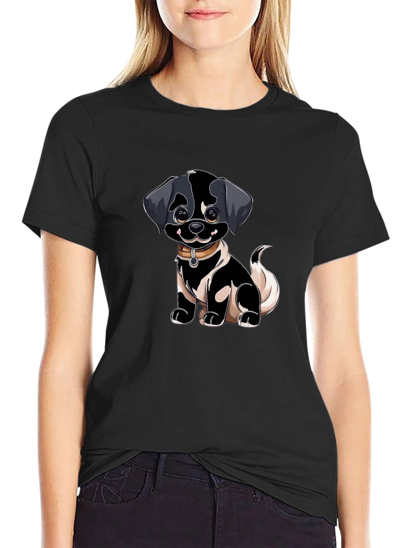 Cartoon Puppy Dog Graphic Black T-Shirt